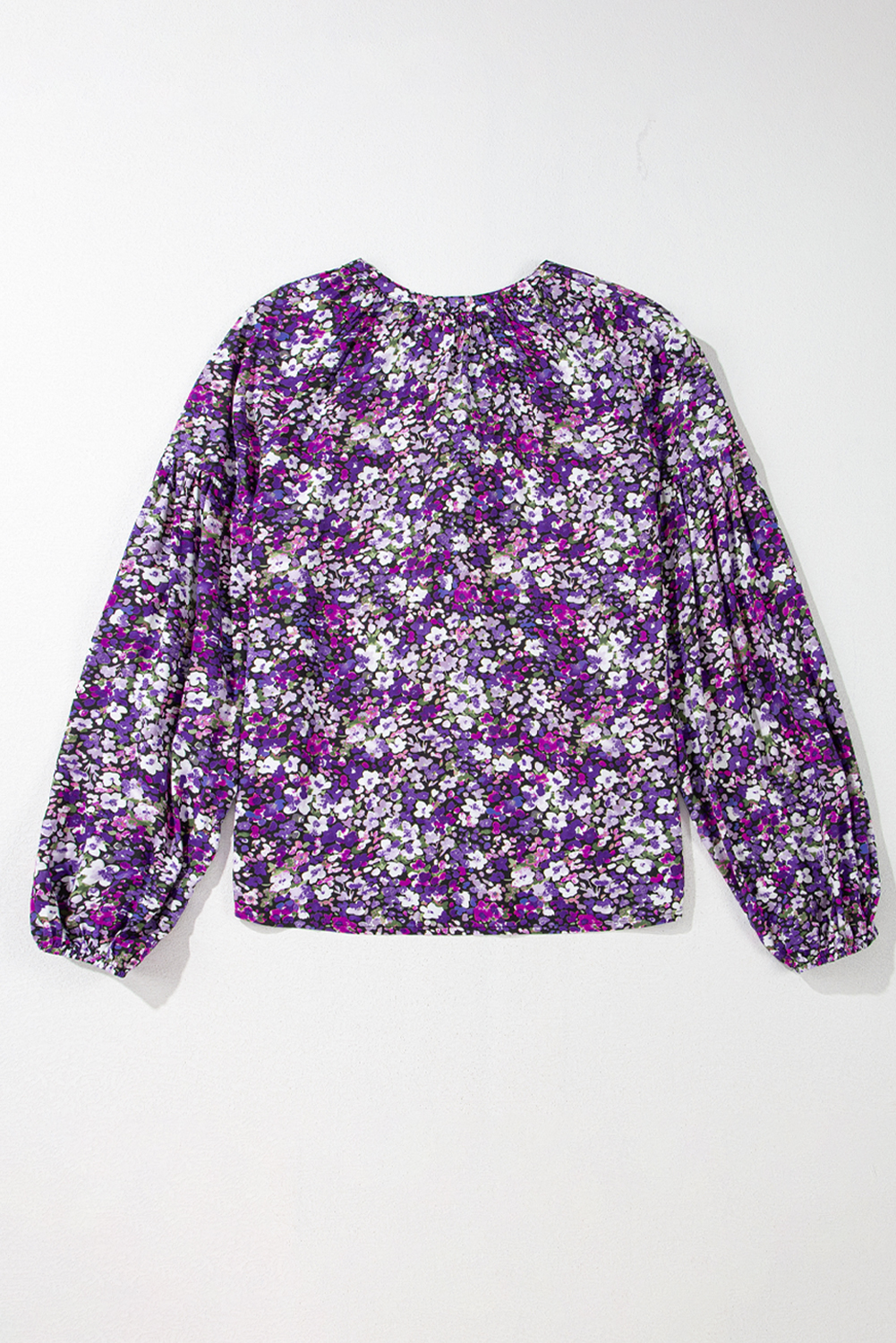 Purple Boho Flower Split V Neck Bubble Sleeve Blouse - Image 5