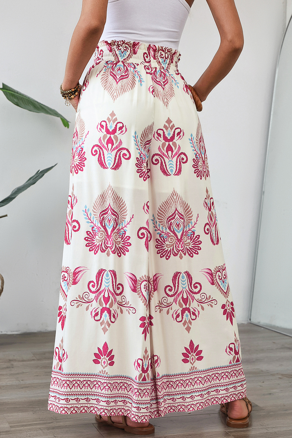 Rose Boho Printed Shirred High Waist Flowy Wide Leg Pants - Image 2