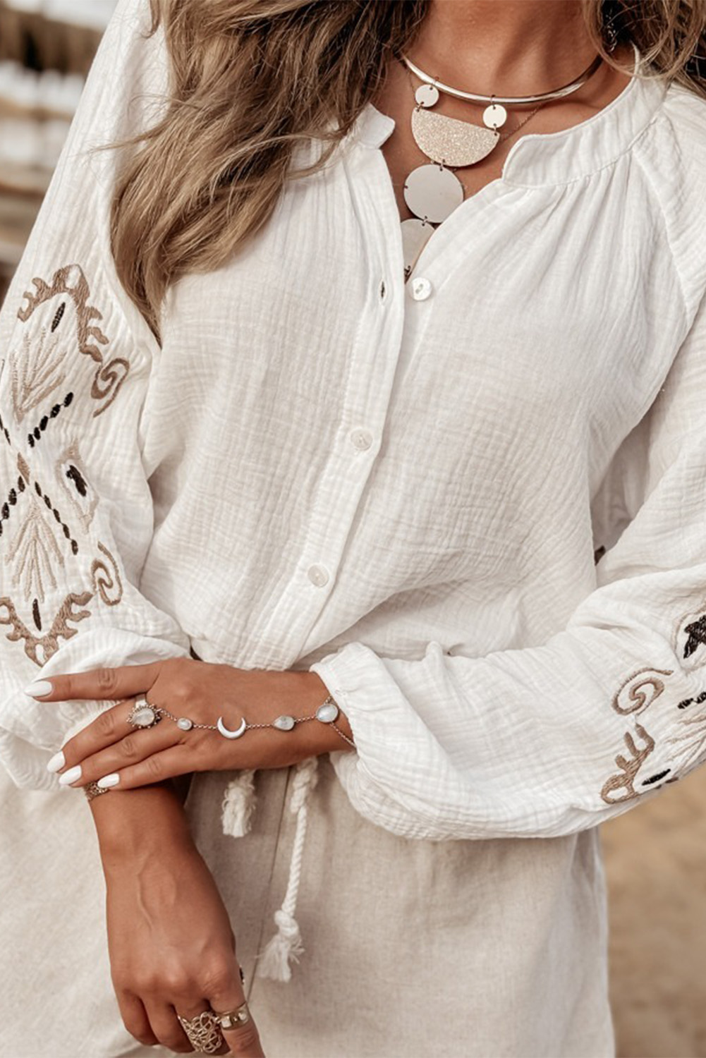 White Embroidered Textured Buttoned Crew Neck Shirt - Image 5