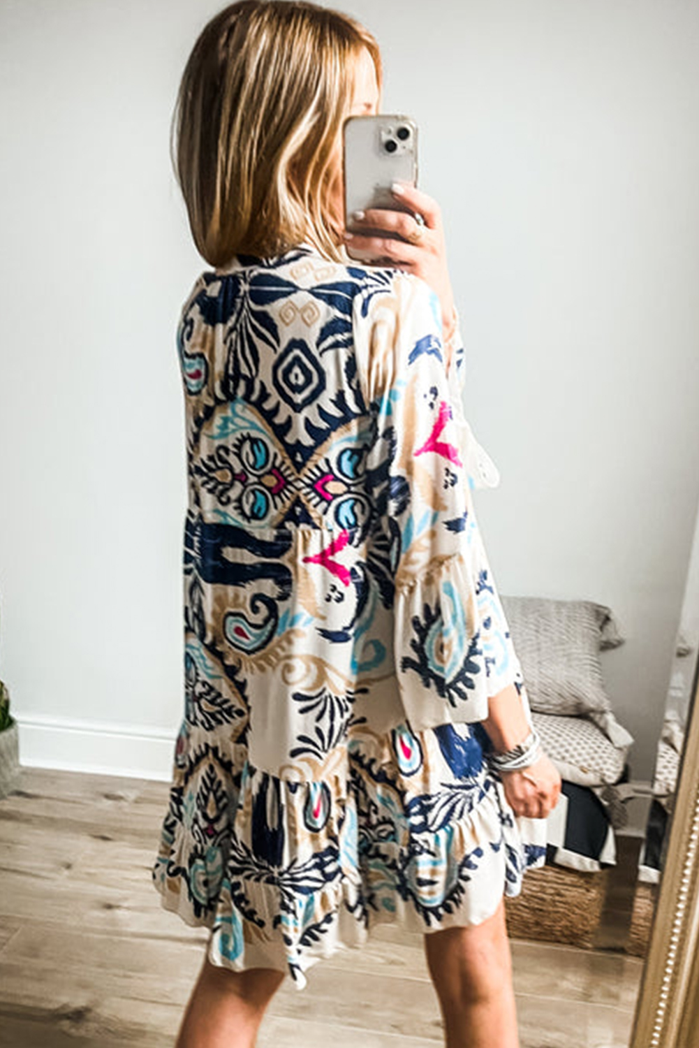 White Printed Tribal Bracelet Sleeve Buttoned Mini Dress - Image 2