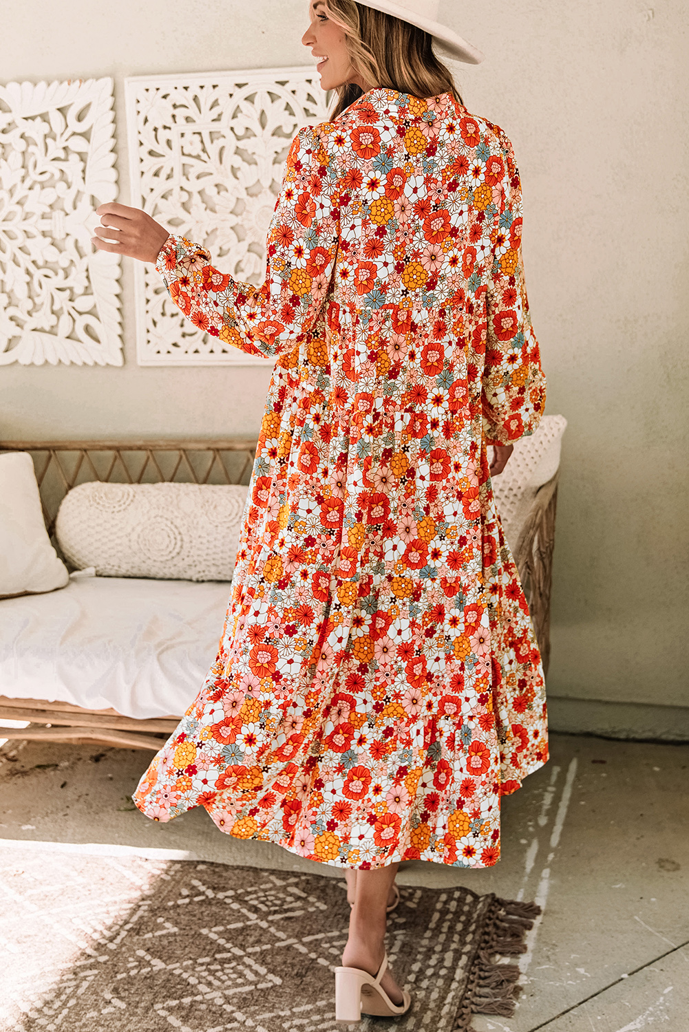 Multicolor Boho Floral Collared Long Sleeve Ruffled Dress - Image 2