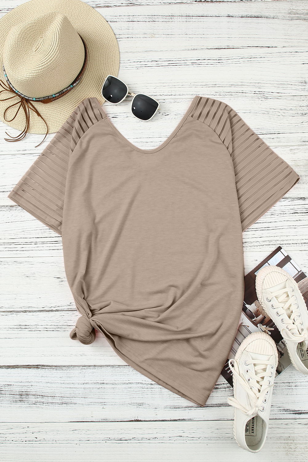 Khaki Striped Raglan Sleeve Plus Size Tee - Image 8