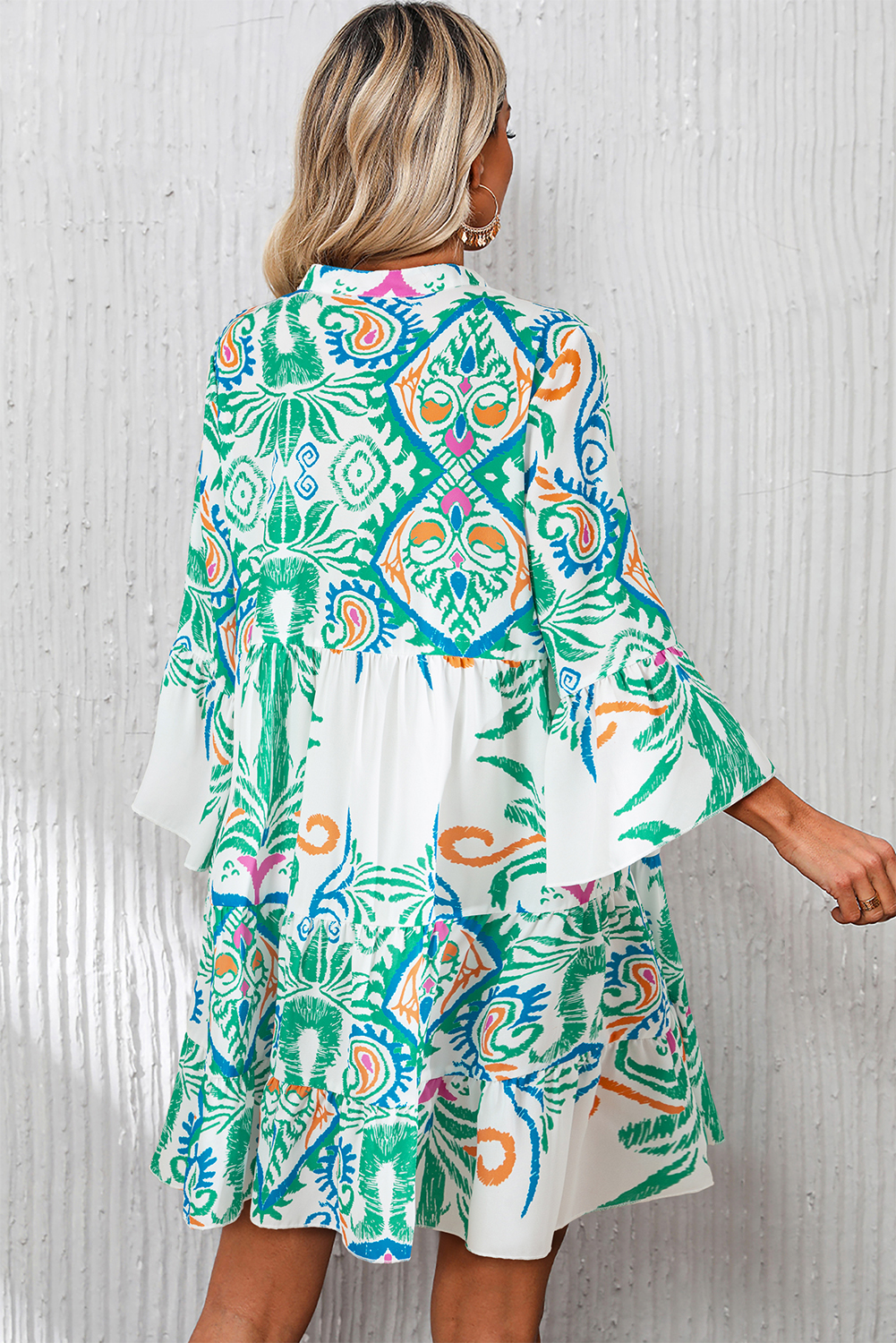 White Printed Tribal Bracelet Sleeve Buttoned Mini Dress - Image 5