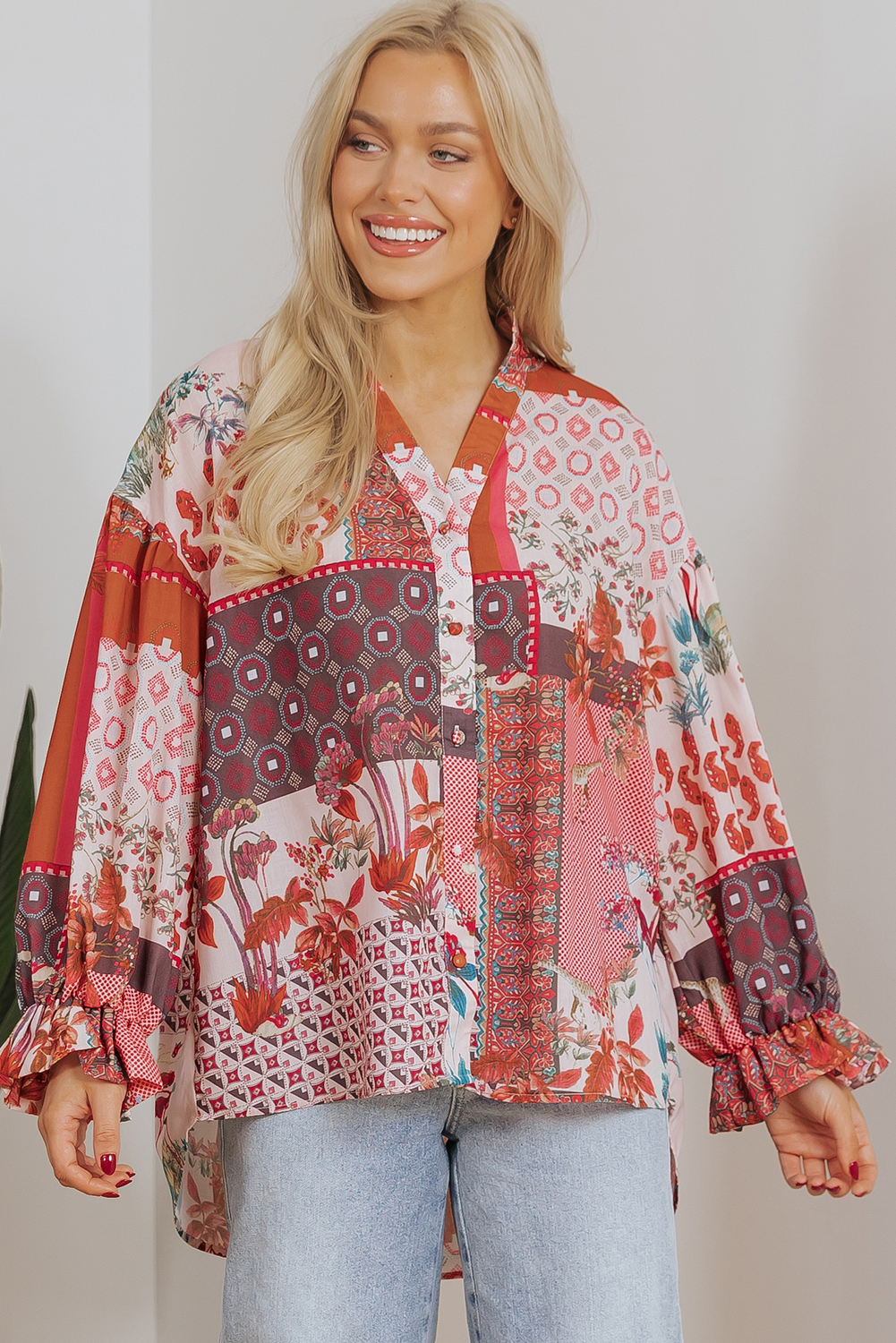 Red Boho Geometric Mixed Print Patchwork Bubble Sleeve Shirt - Image 4