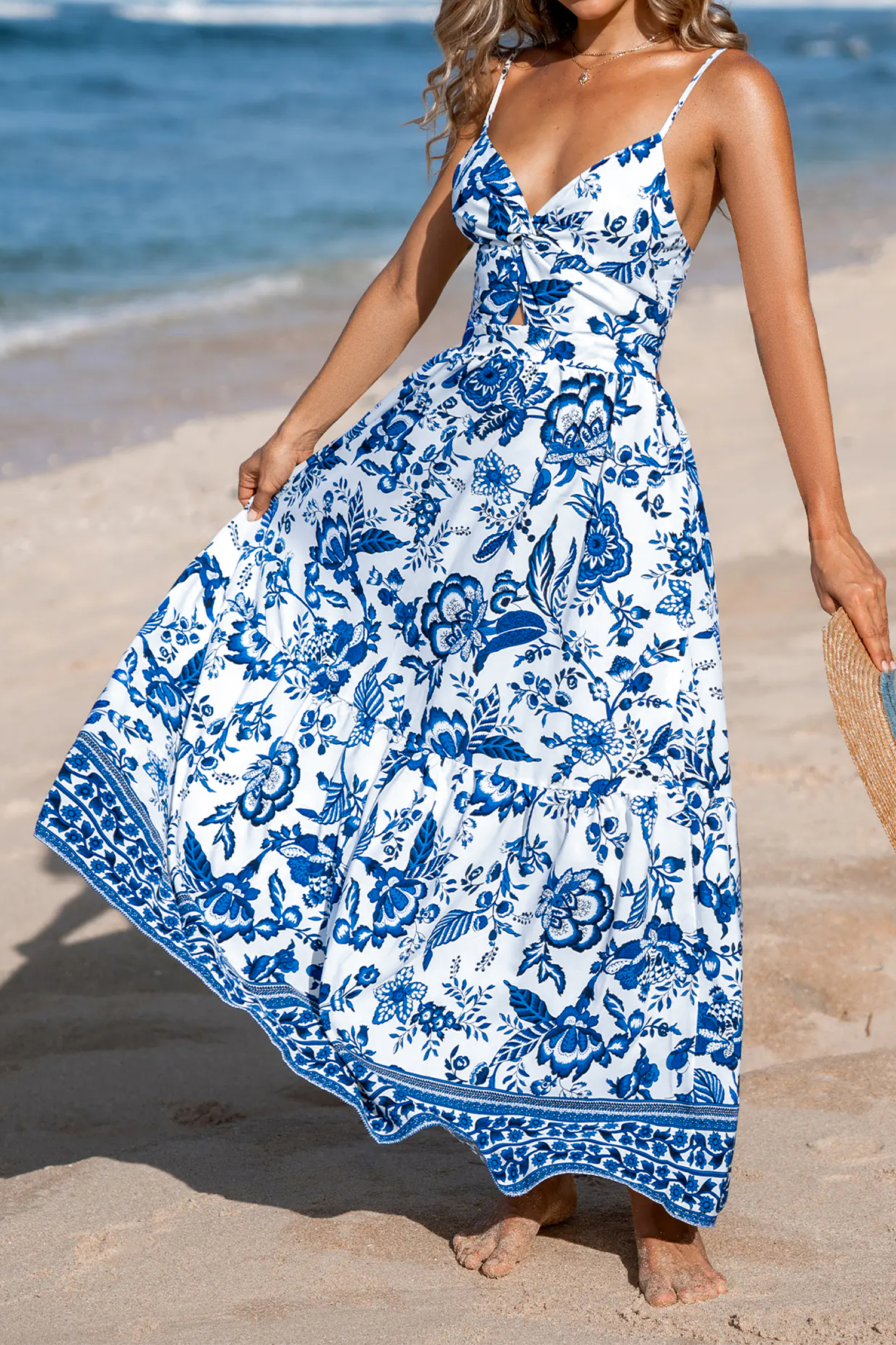 Sky Blue Twisted Bust Spaghetti Straps Backless Floral Maxi Dress - Image 4