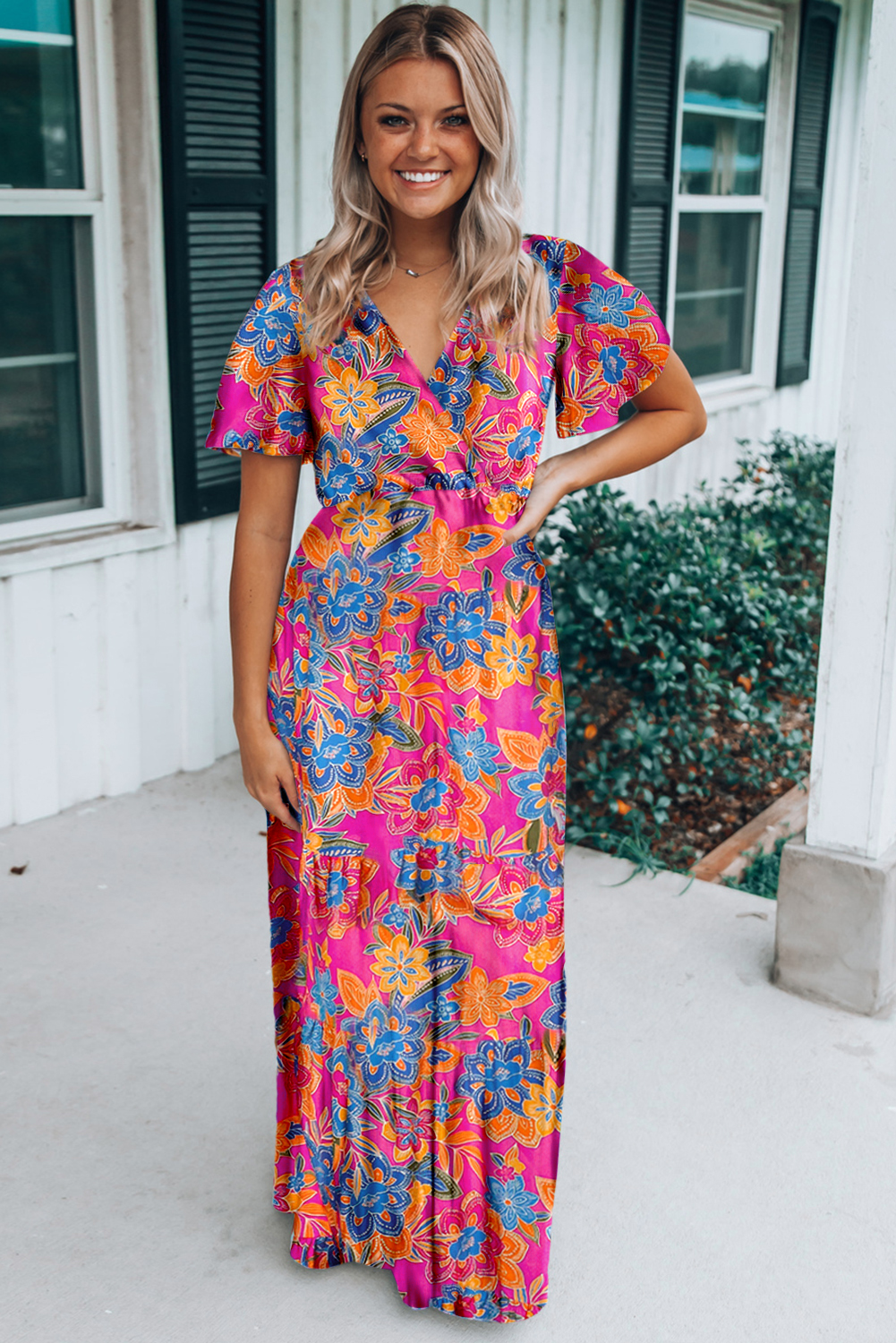 Rose Wrap V Neck Floral Maxi Dress - Image 3