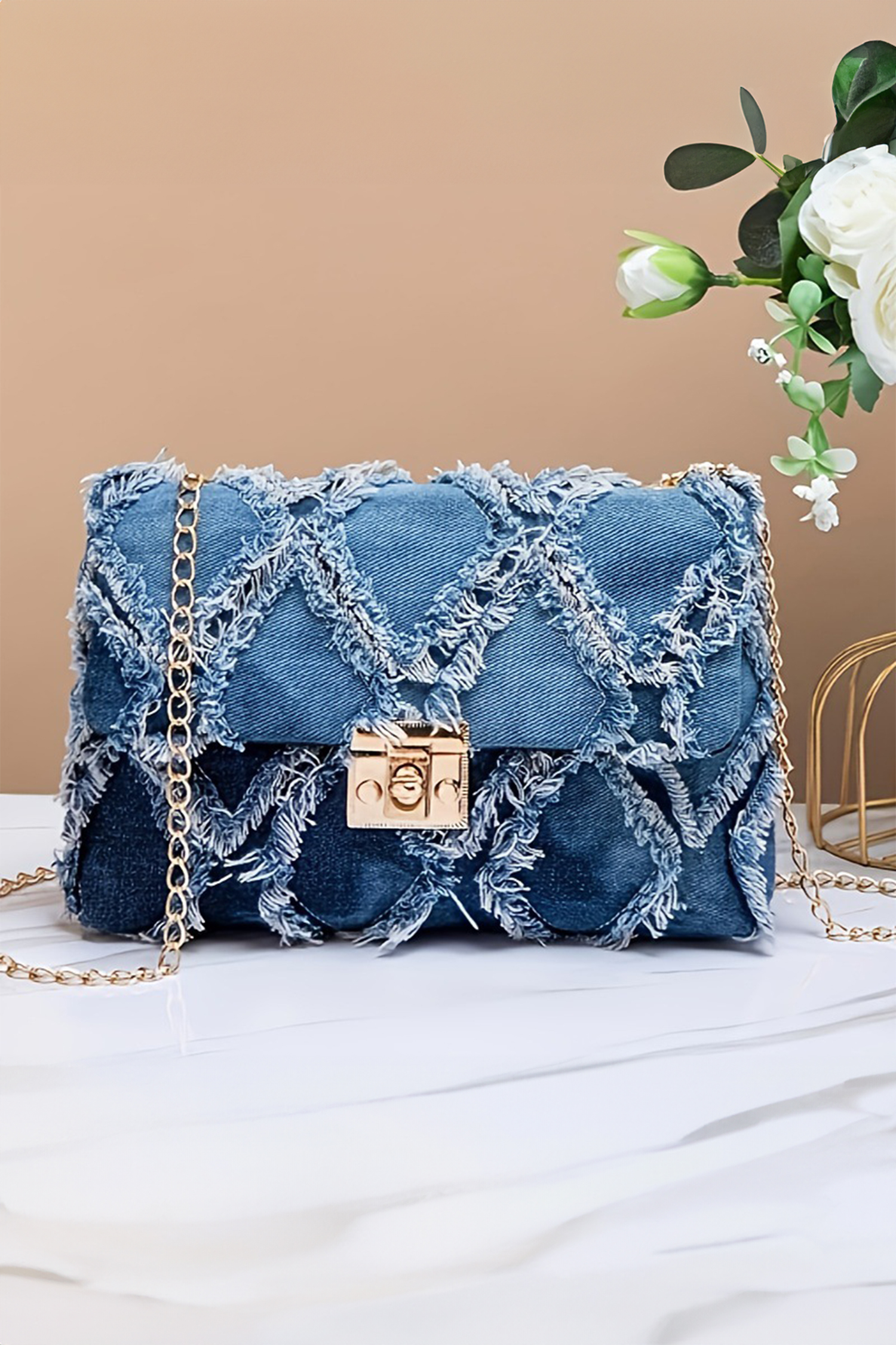 Blue Distressed Lattice Denim Chain Strap Shoulder Bag - Image 3