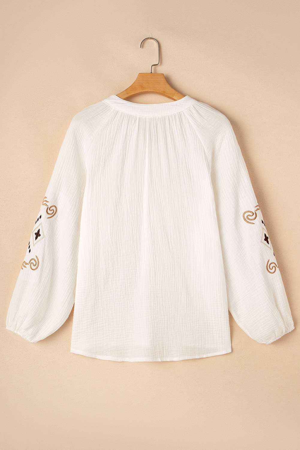 White Embroidered Textured Buttoned Crew Neck Shirt - Image 7