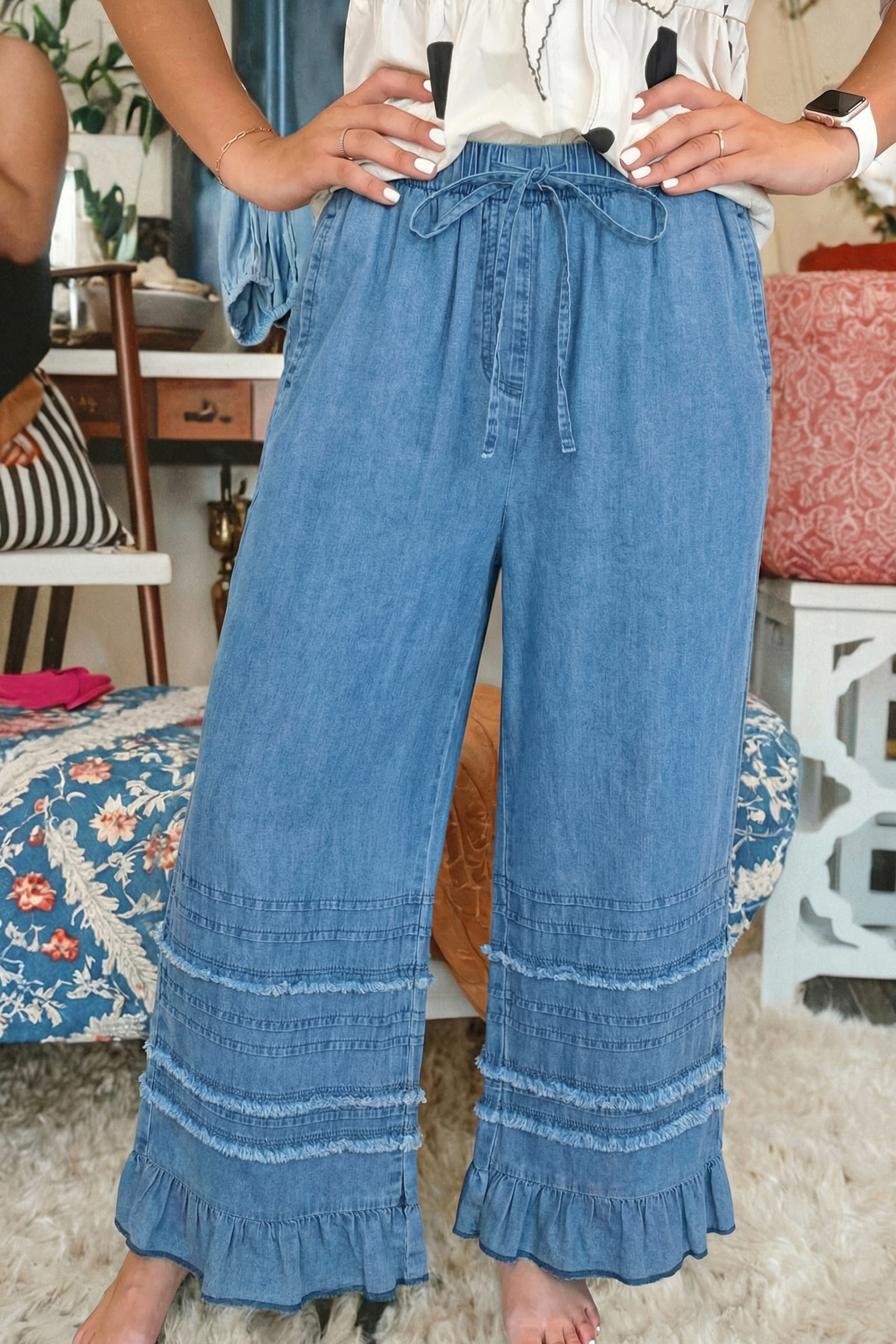 Dusk Blue Ruffled Hem Wide Leg Chambray Pants - Image 3