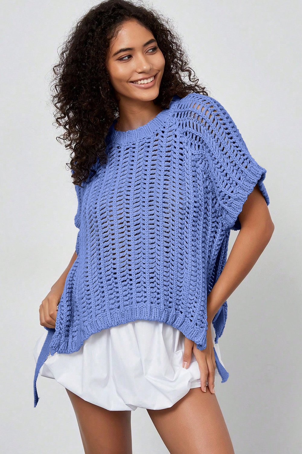 Ashleigh Blue Plus Size Open Knit Bow Tie Short Sleeve Sweater - Image 3
