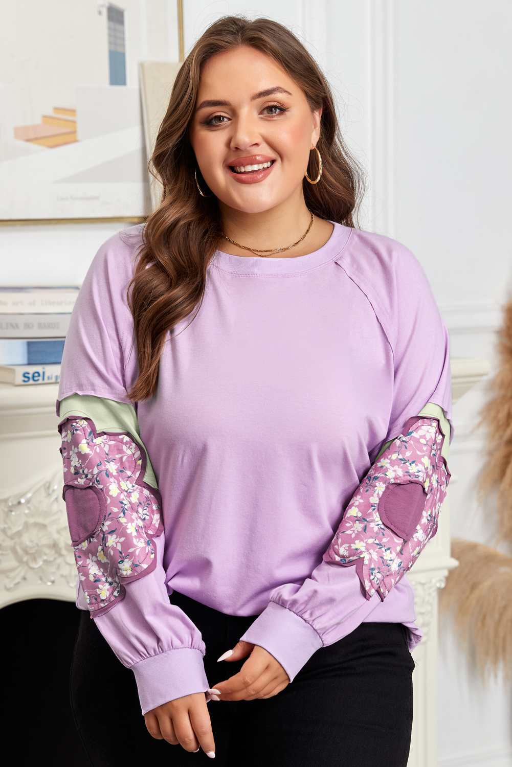Phalaenopsis Flower Patch Colorblock Plus Size Pullover Top - Image 6