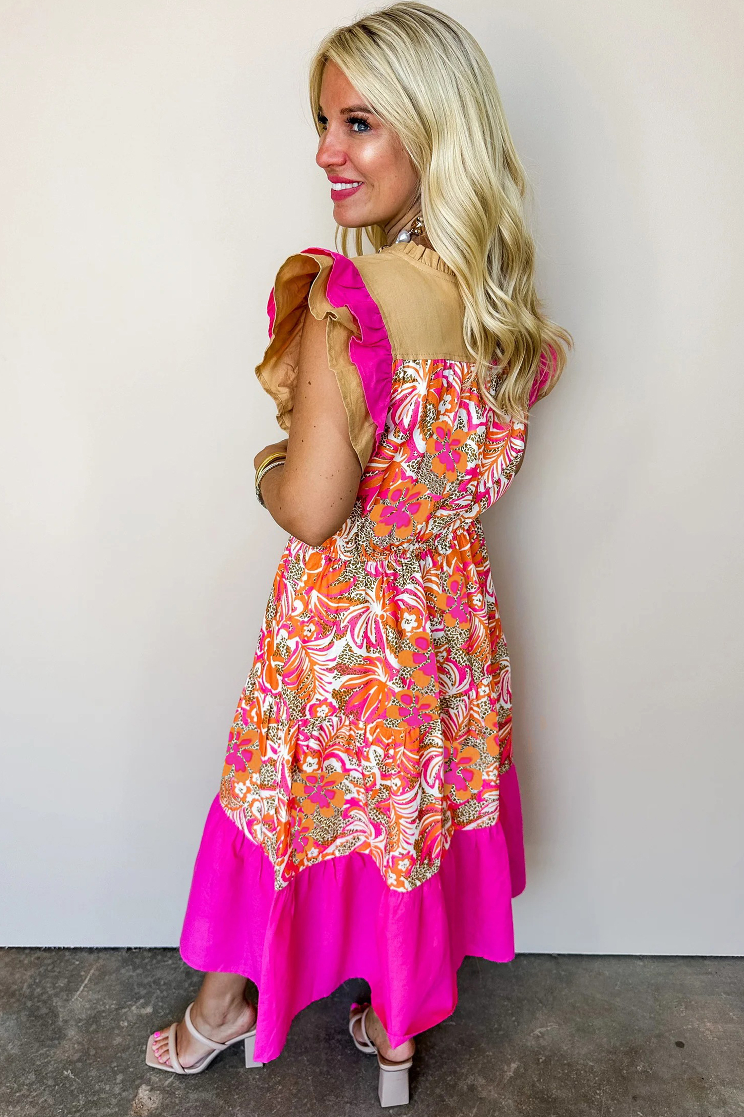 Rose Floral Print Color Block Ruffled Short Sleeve Flared Midi Dress - Image 2