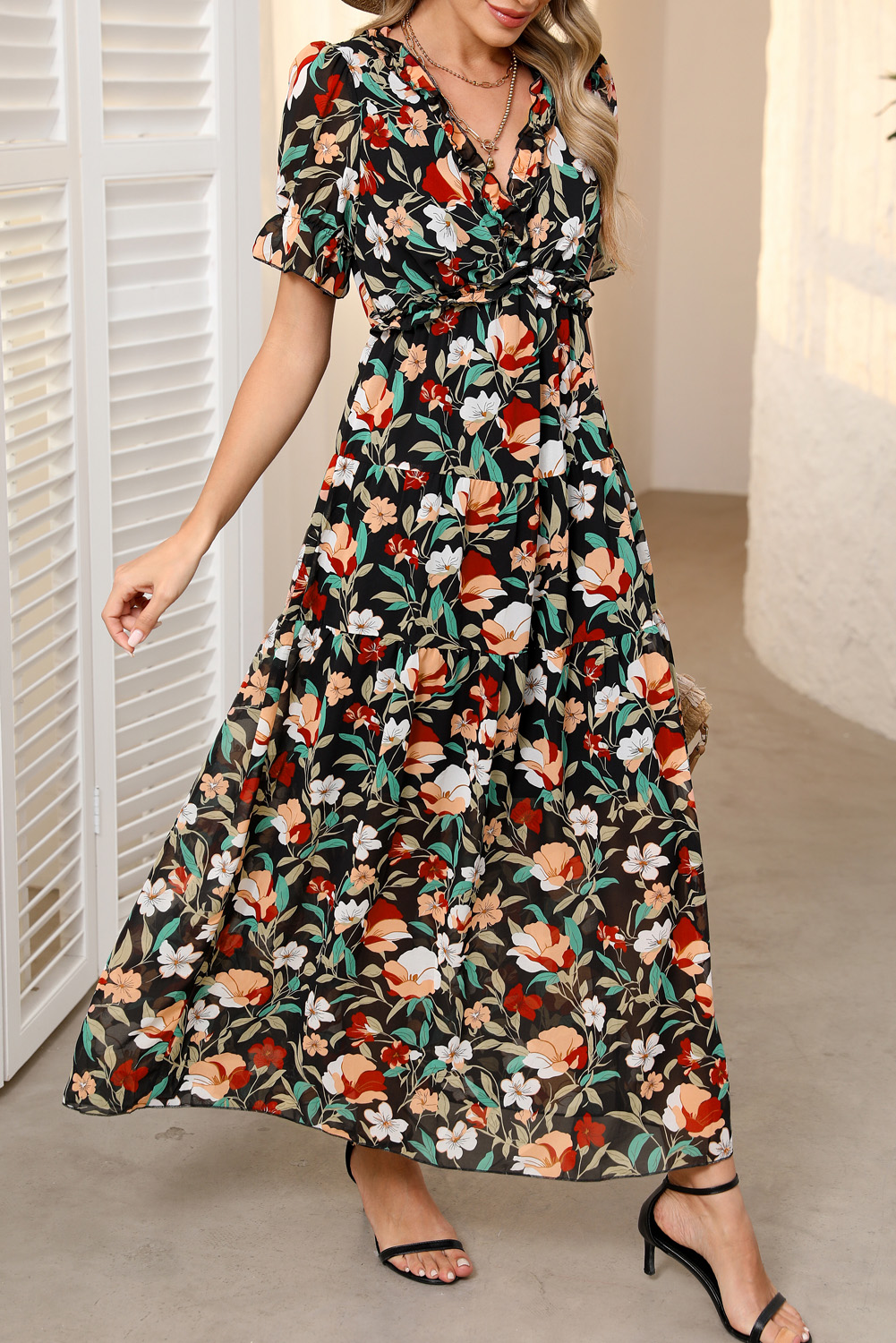 Sky Blue Fiery Floral Print Frilled V Neck Short Sleeve Maxi Dress - Image 4