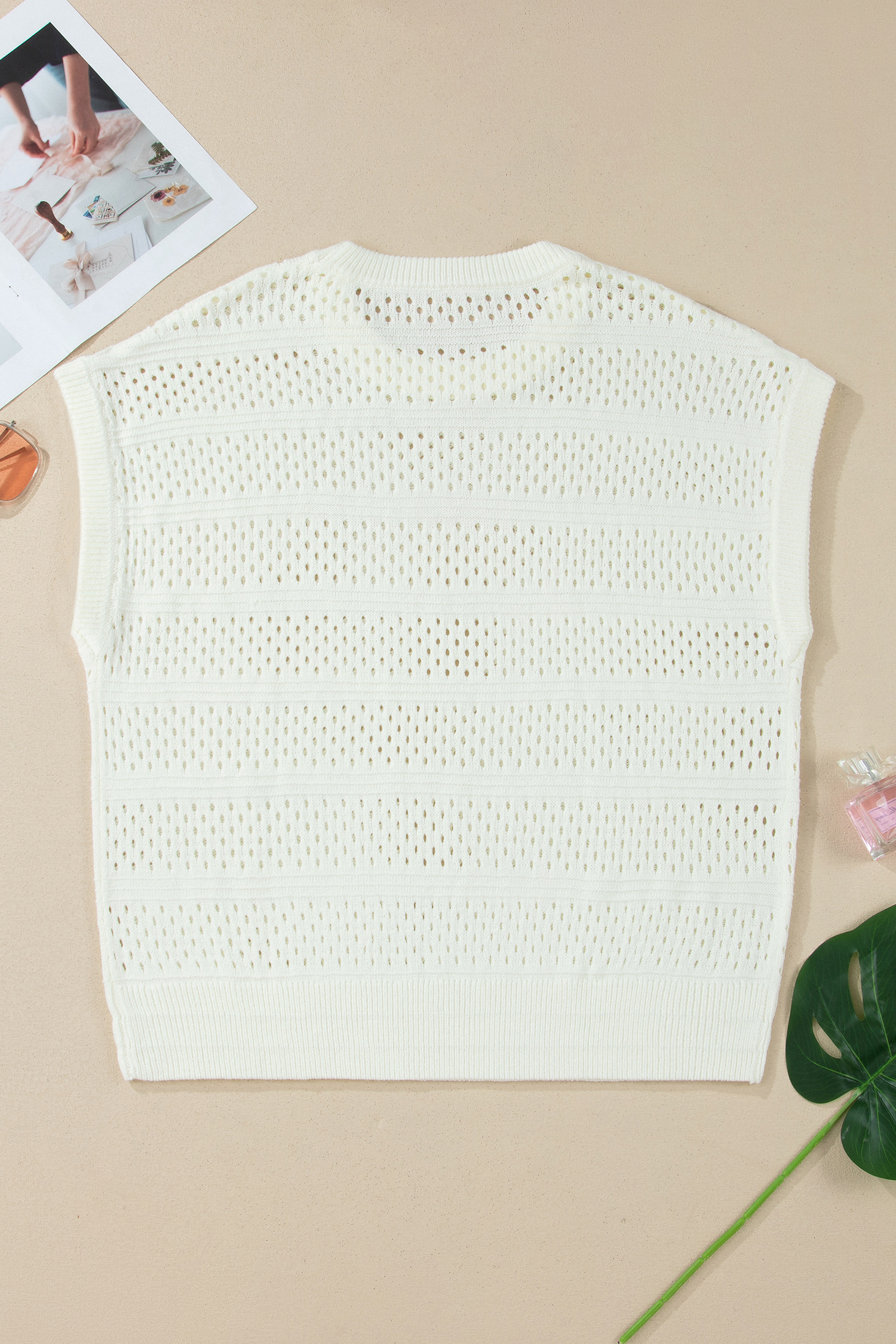 White Plus Size Eyelet Hollow Out Knit Ribbed Trim Short Sleeve Dolman Sweater - Image 3