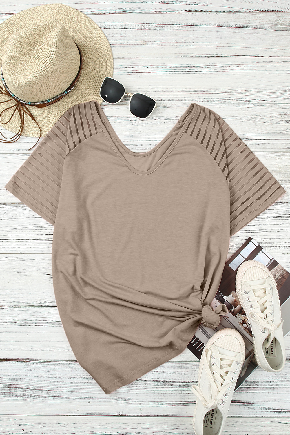 Khaki Striped Raglan Sleeve Plus Size Tee - Image 7