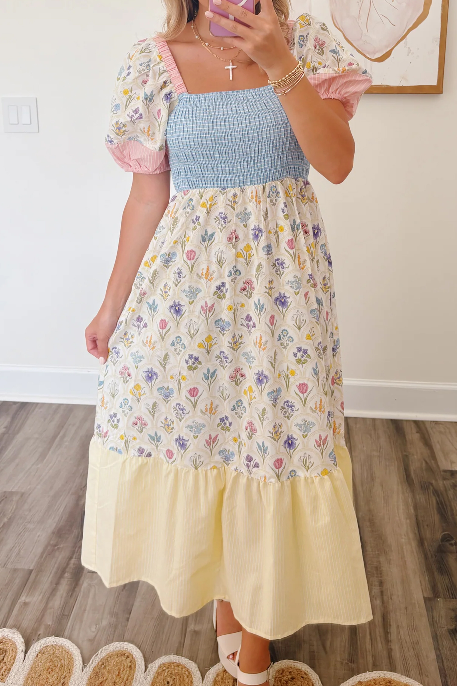 Multicolour Floral Print Striped Color Block Patchwork Square Neck Shirred Long Dress - Image 2
