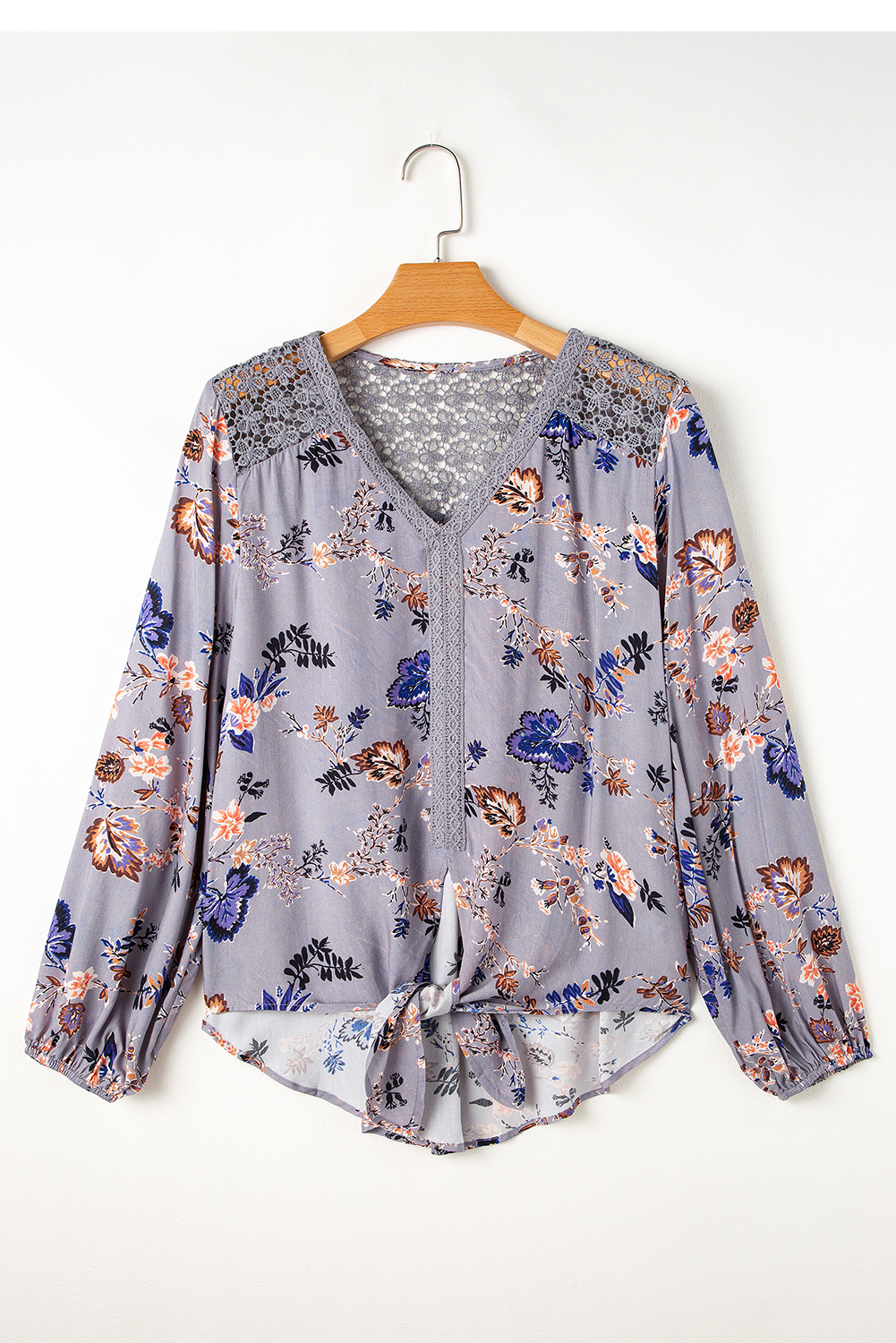 Sky Blue Floral Print Lace Patchwork Knot Front V Neck Blouse - Image 4