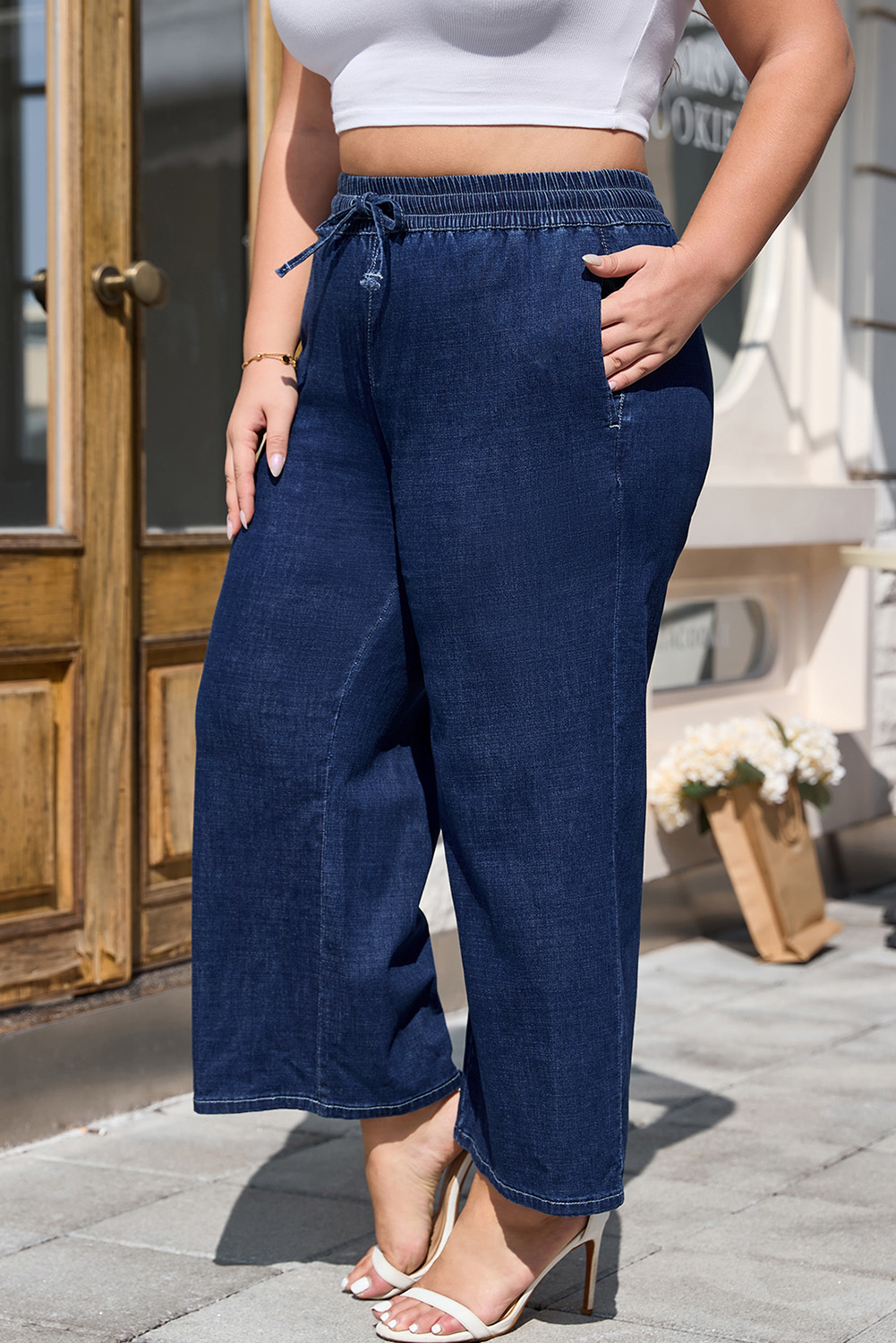 Real Teal Plus Size Drawstring High Waist Wide Leg Casual Jeans - Image 5