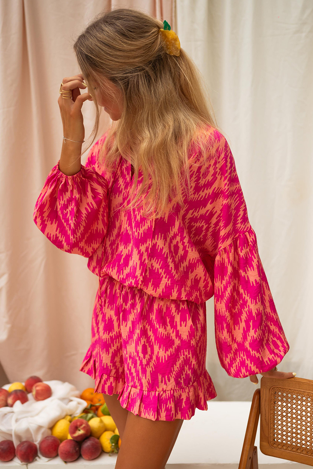 Rose Western Aztec Geometric Print Top and Ruffled Shorts Set - Image 4