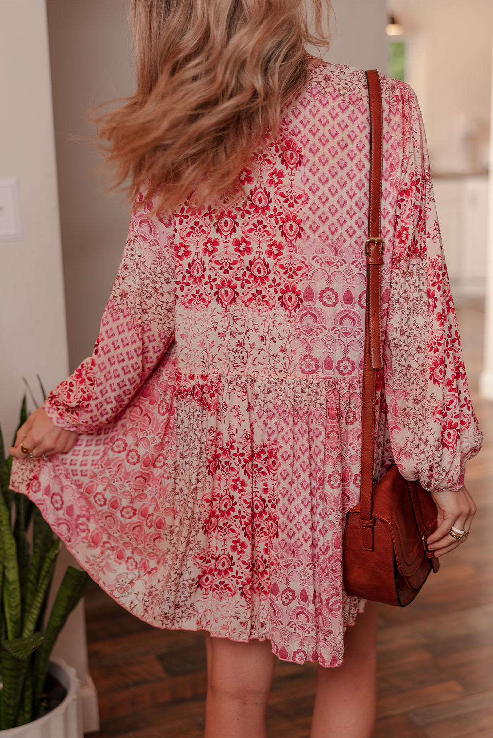 Pink Bohemian Floral Print Tassel Tie Long Sleeve Flowy Mini Dress - Image 2