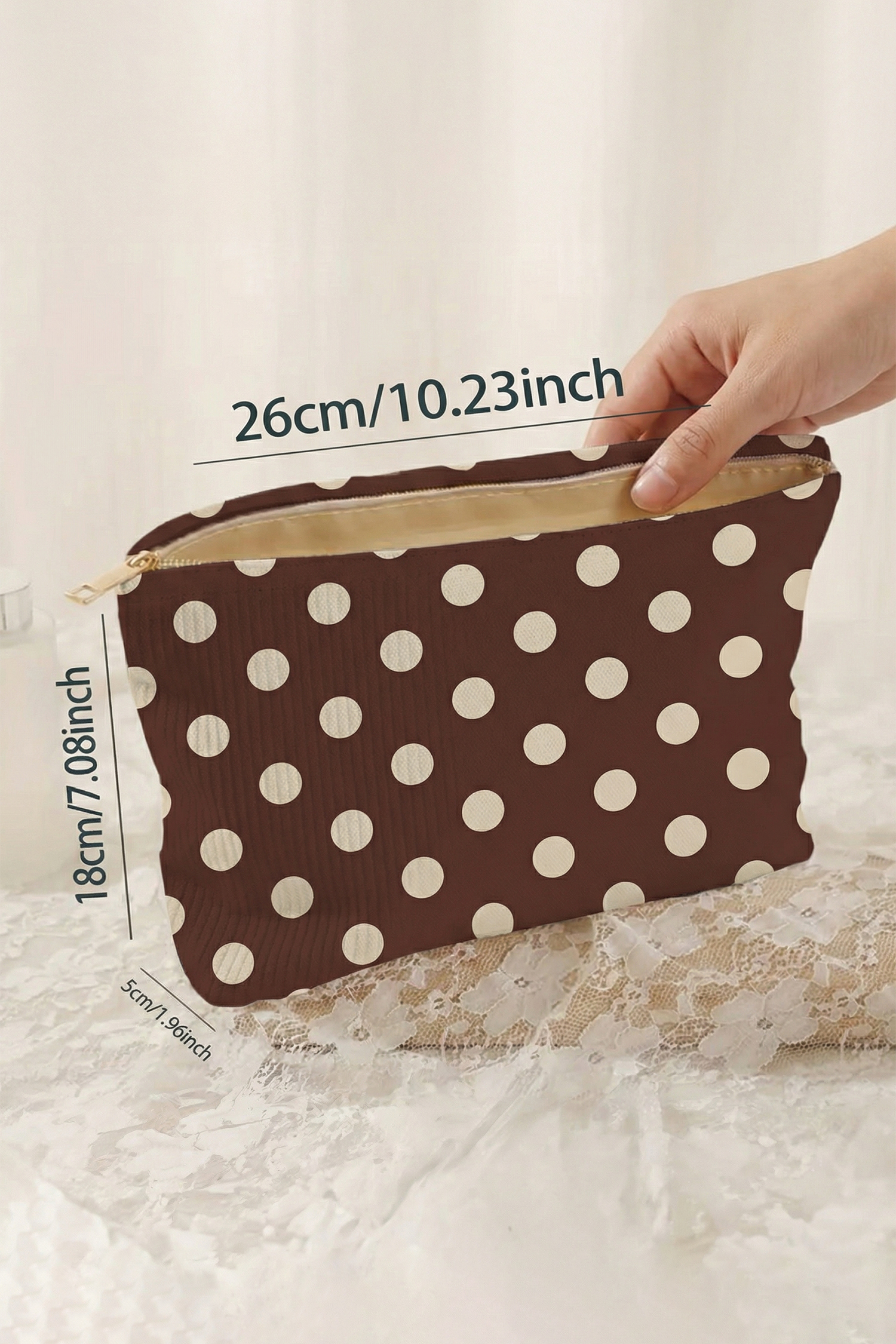 Coffee Polka Dot Printed Corduroy Storage Makeup Bag - Image 3