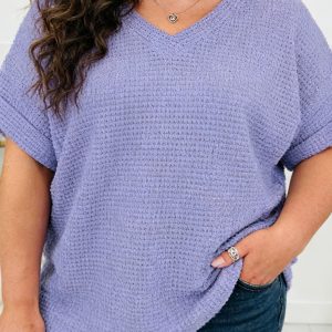 Wisteria V Neck Short Sleeve Plus Size Waffle Knit Top