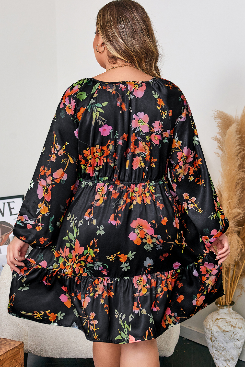 Black Plus Size Floral Print Tie Neck Cinched Waist Long Sleeve Mini Dress - Image 2