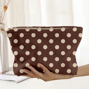 Coffee Polka Dot Printed Corduroy Storage Makeup Bag