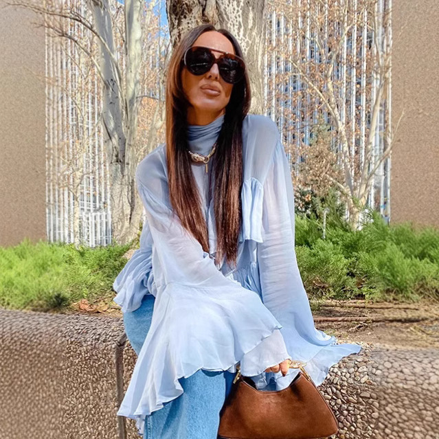 Blue Bell Sleeve Ruffle Blouse - Image 3