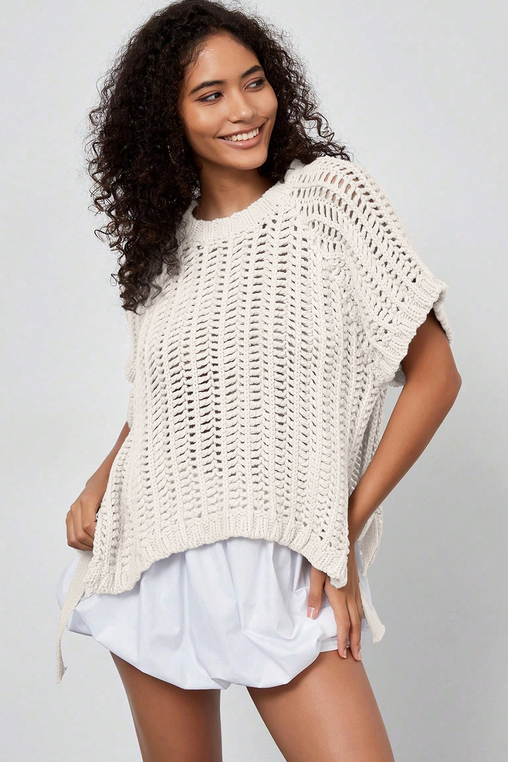 Ashleigh Blue Plus Size Open Knit Bow Tie Short Sleeve Sweater - Image 6