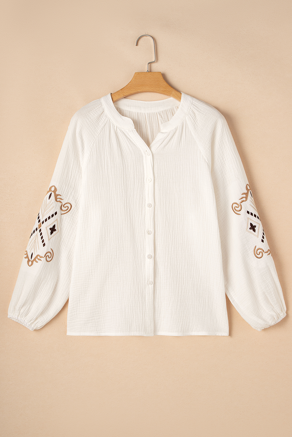 White Embroidered Textured Buttoned Crew Neck Shirt - Image 6