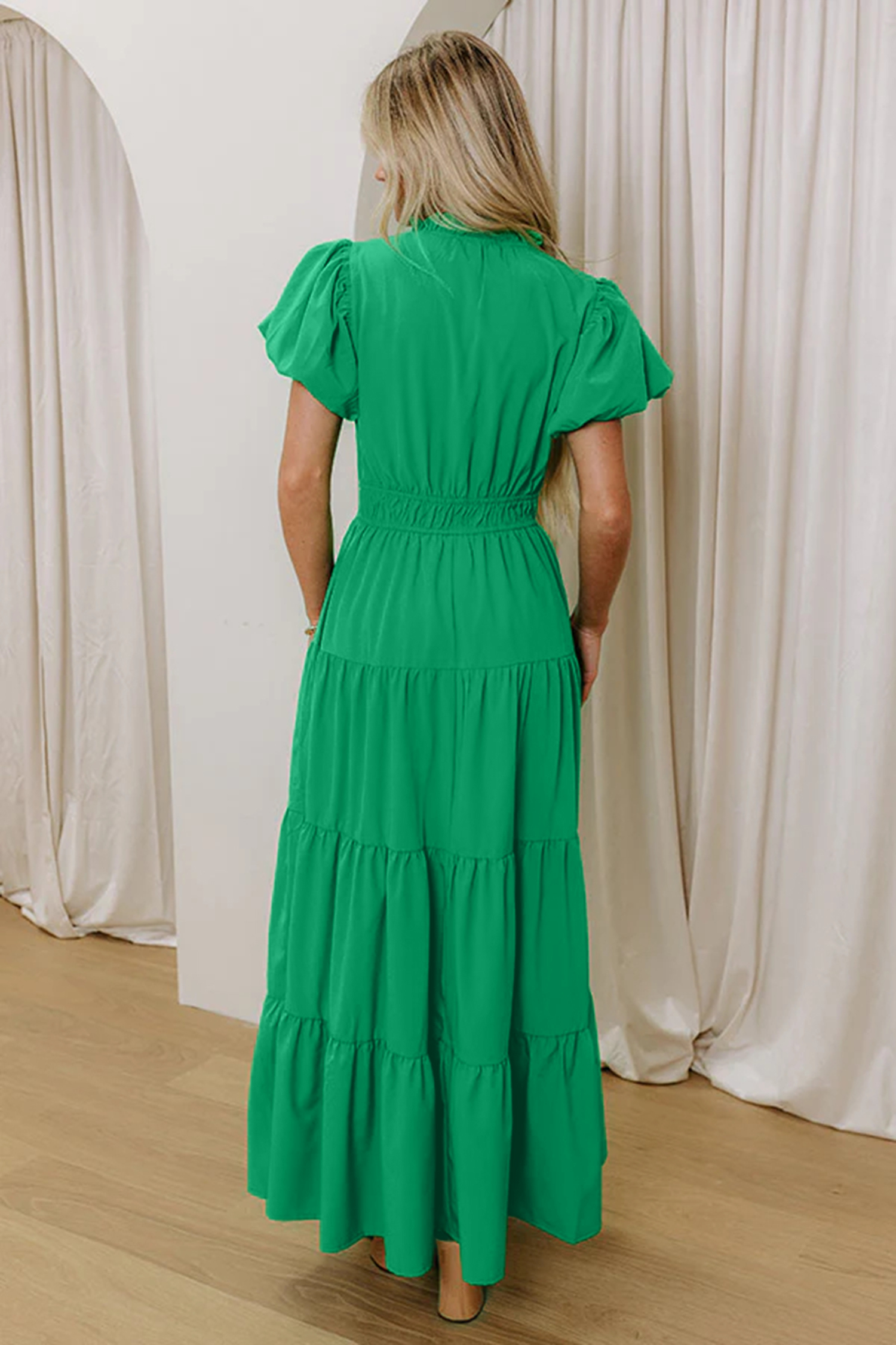 Gossamer Pink Solid Color V Neck Short Puff Sleeve High Waist Tiered Maxi Dress - Image 5