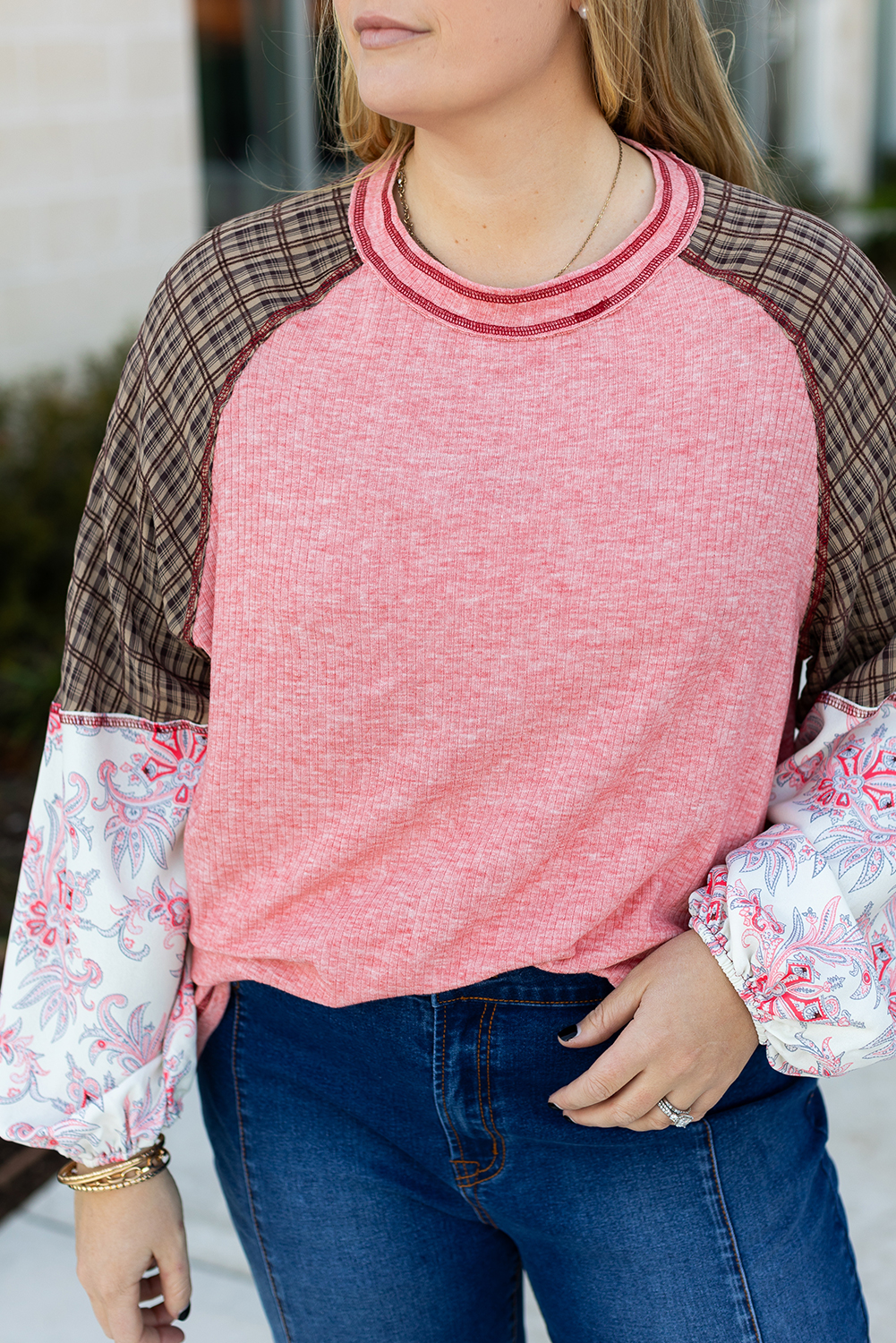 Pink Checkered Paisley Patchwork Raglan Sleeve Seamed Plus Size Top - Image 7