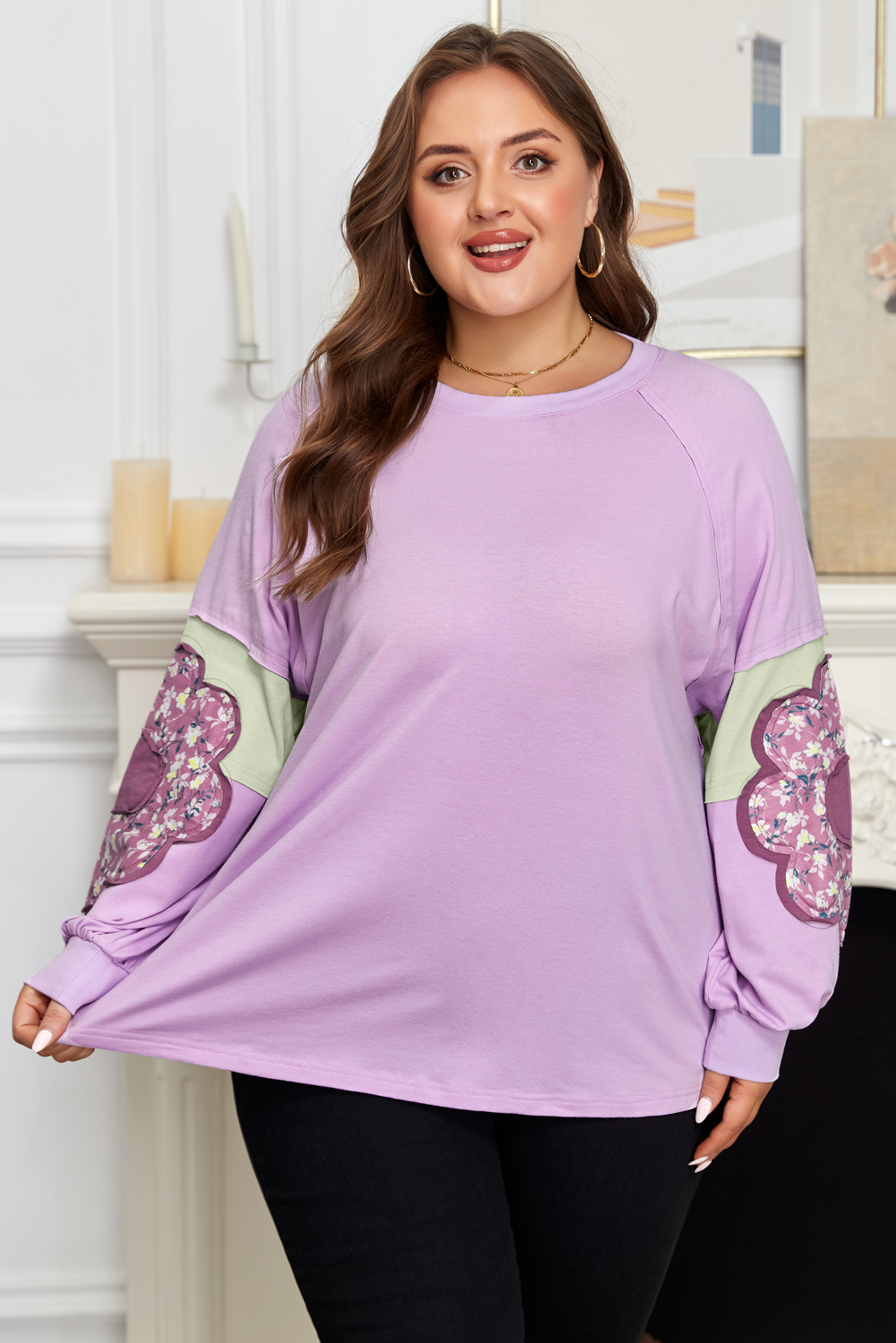 Phalaenopsis Flower Patch Colorblock Plus Size Pullover Top - Image 5
