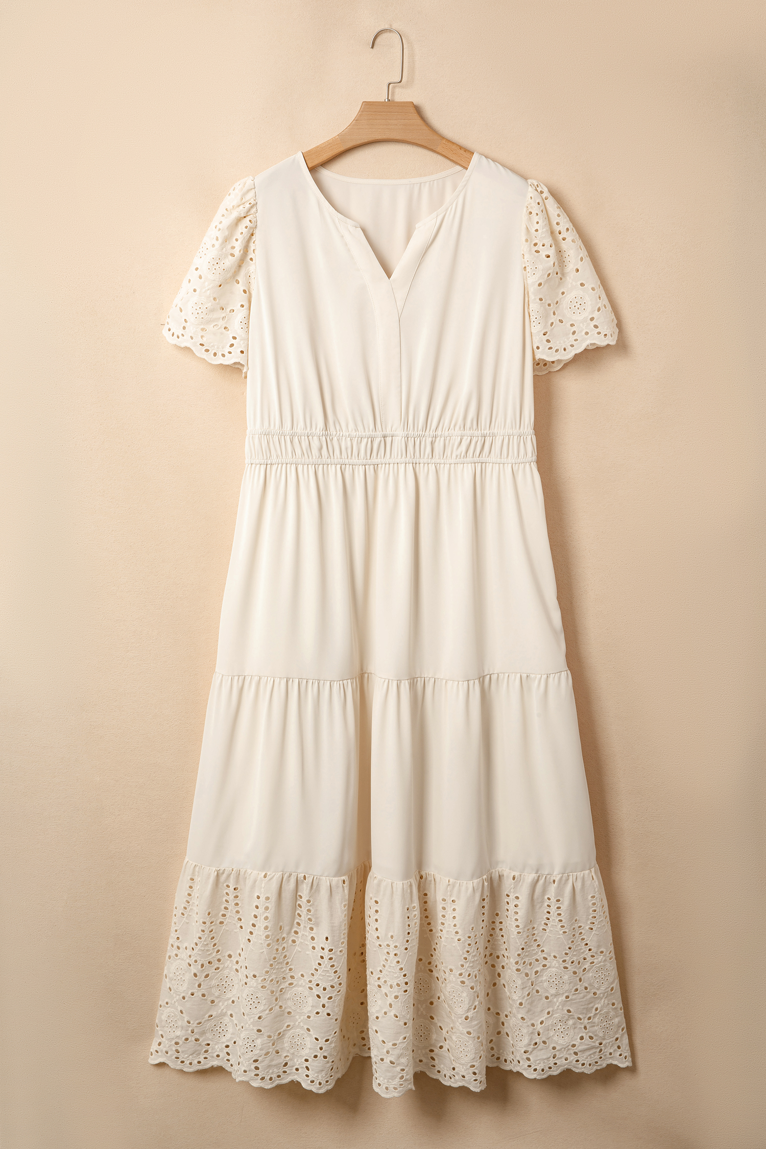 Apricot Plus Size V Neck Lacy Embroidery Patchwork Short Sleeve Maxi Dress - Image 4