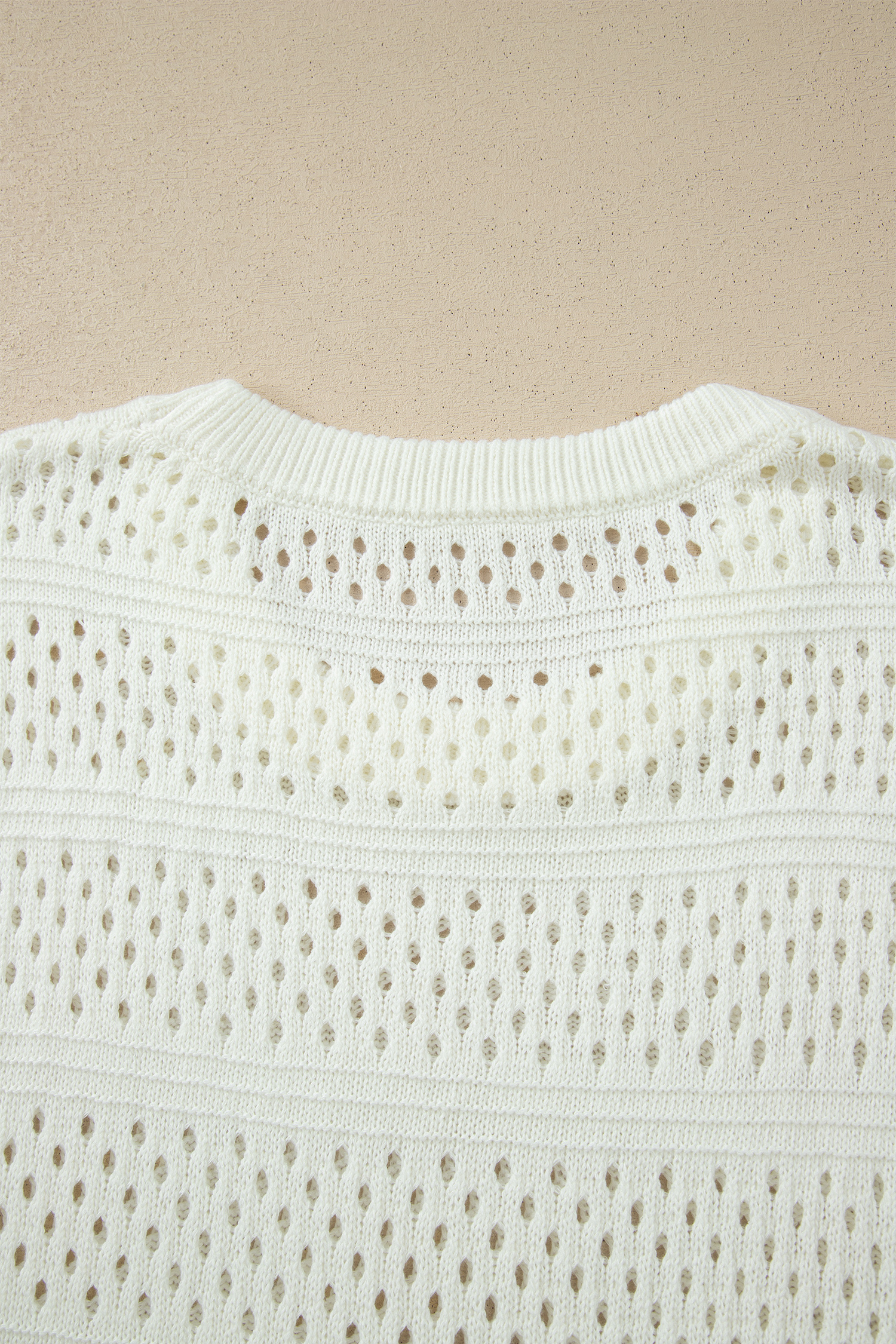 White Plus Size Eyelet Hollow Out Knit Ribbed Trim Short Sleeve Dolman Sweater - Image 5
