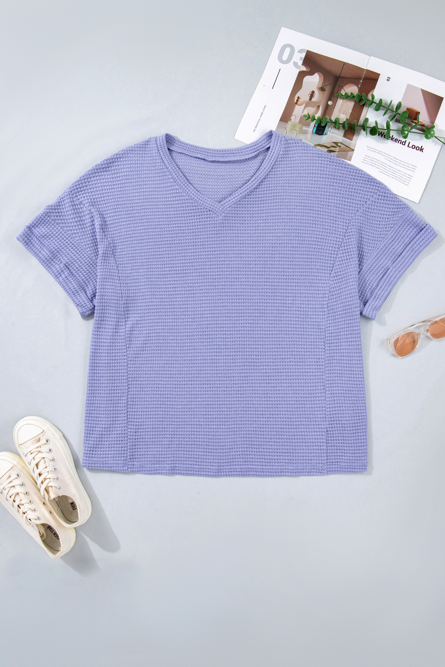 Wisteria V Neck Short Sleeve Plus Size Waffle Knit Top - Image 3