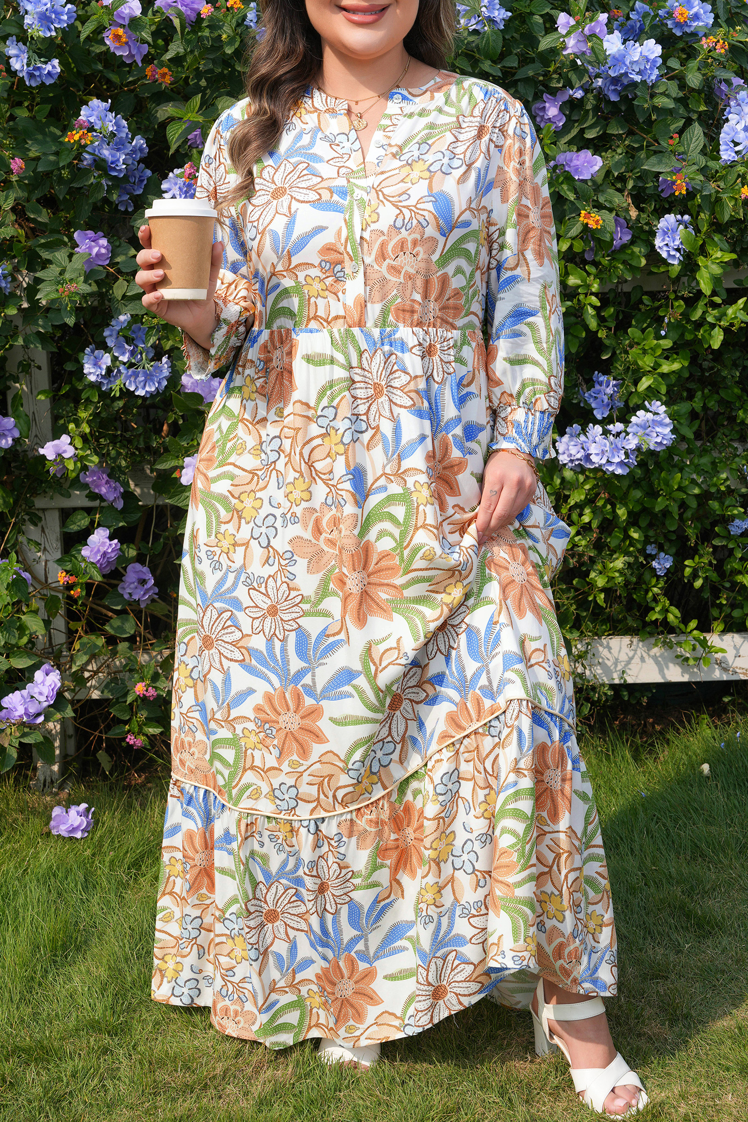 Khaki Floral Print 3/4 Sleeves Tiered Plus Size Long Dress - Image 6