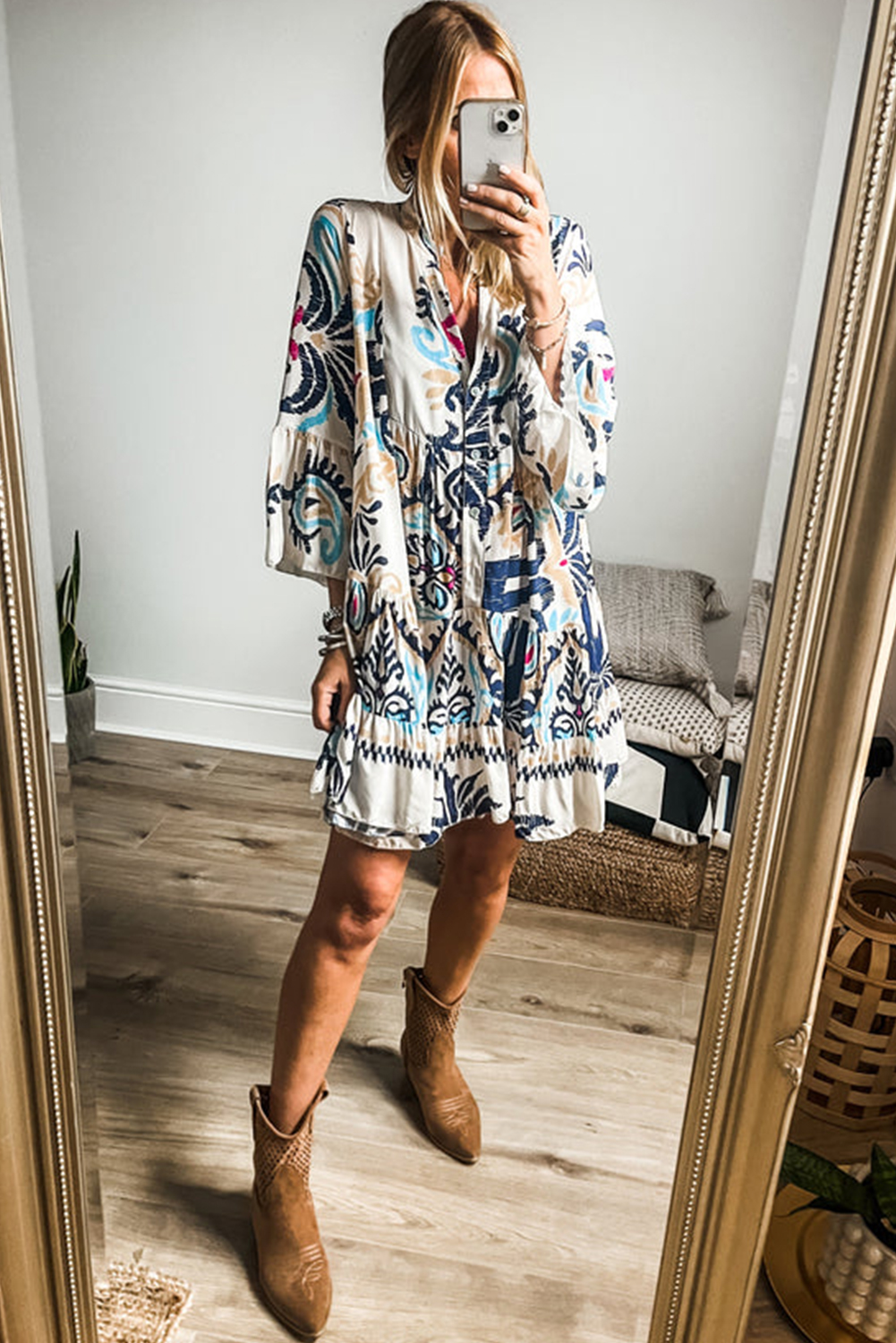 White Printed Tribal Bracelet Sleeve Buttoned Mini Dress - Image 3