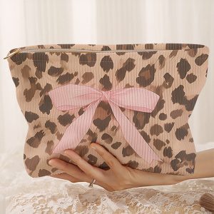 Camel Ribbon Bow Leopard Print Ribbed Cloth Makeup Bag