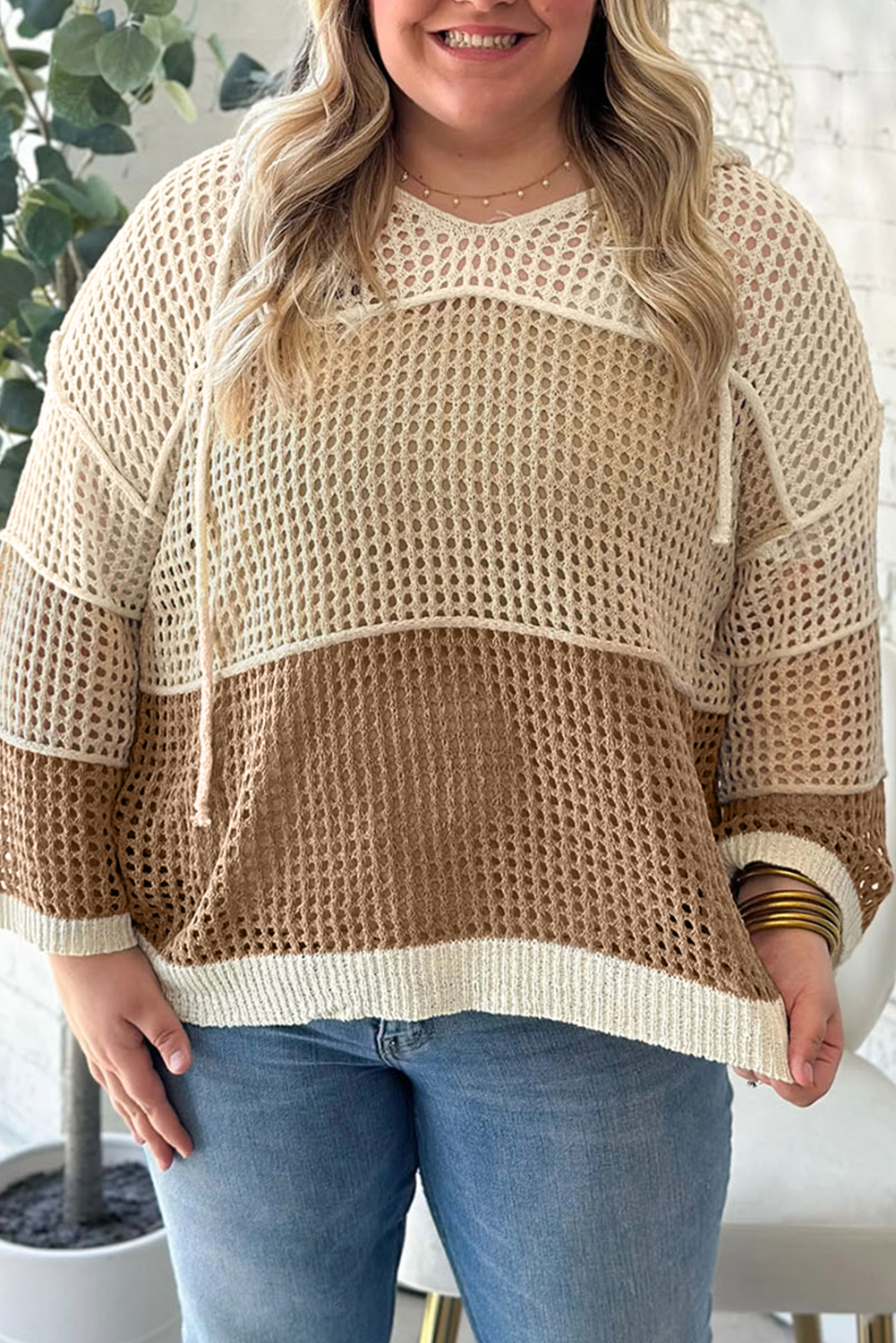Parchment Colorblock Hollowed Knit Plus Size Hooded Jumper Sweater - Image 8