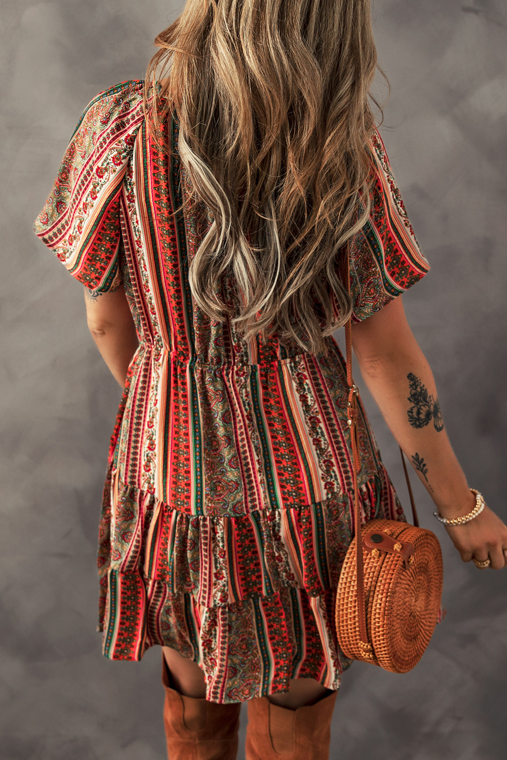 Red Bohemian Floral Print Buttoned V Neck Ruffle Tiered Dress - Image 2