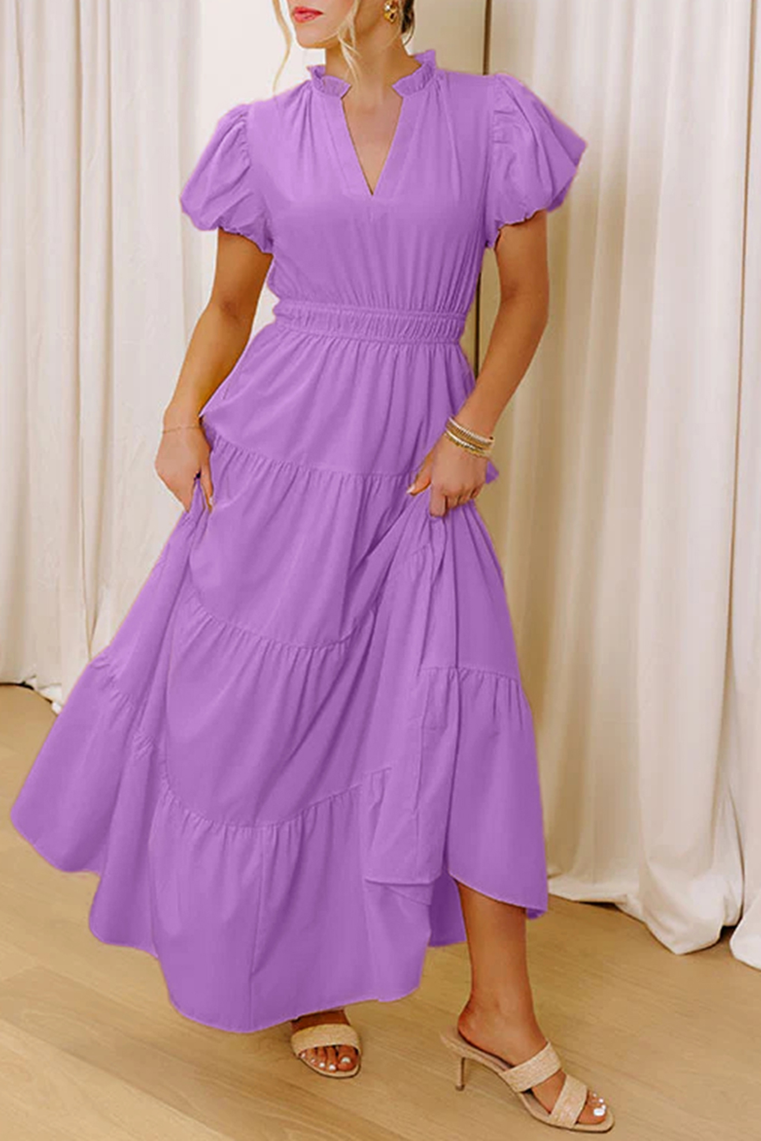 Gossamer Pink Solid Color V Neck Short Puff Sleeve High Waist Tiered Maxi Dress - Image 13