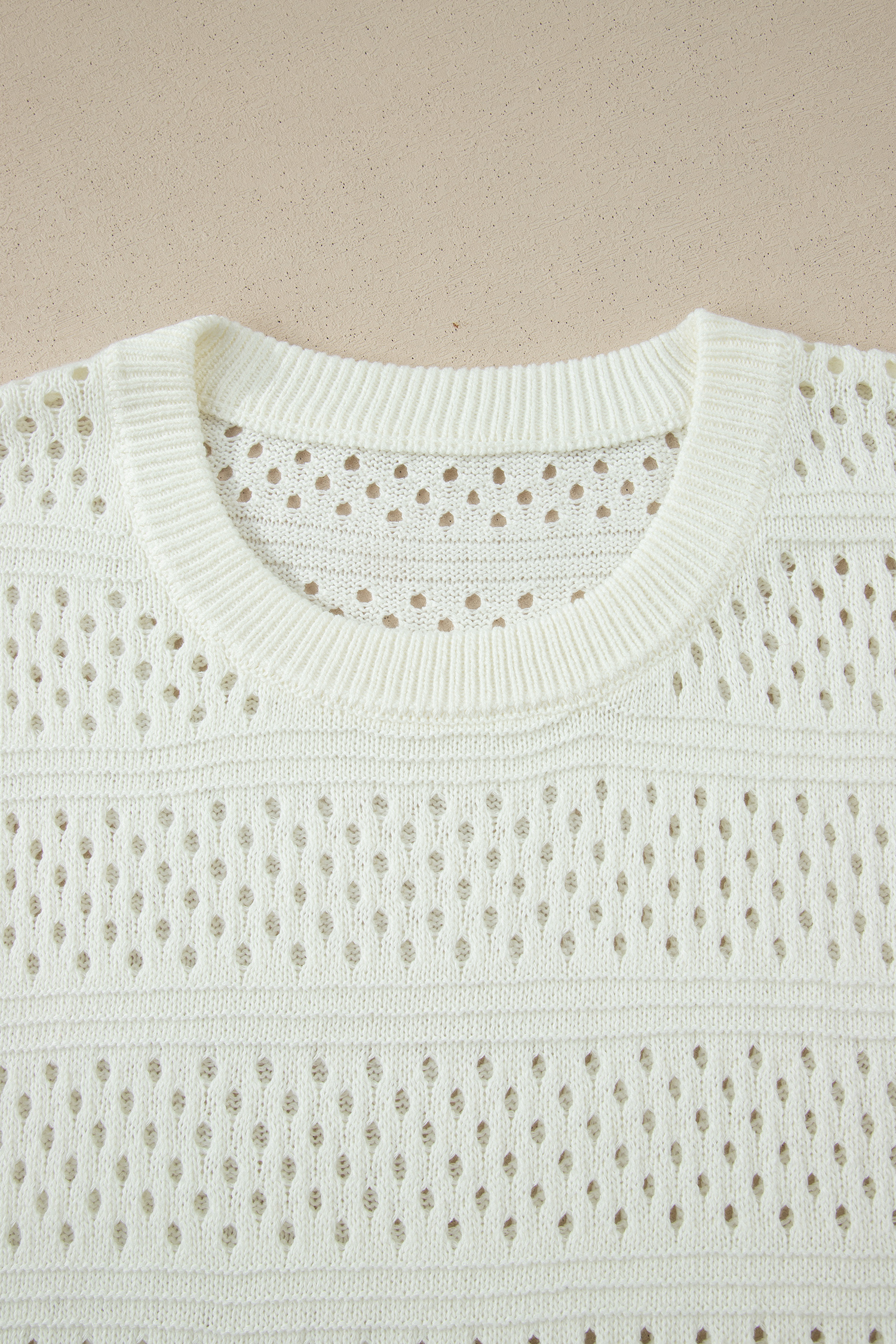 White Plus Size Eyelet Hollow Out Knit Ribbed Trim Short Sleeve Dolman Sweater - Image 4