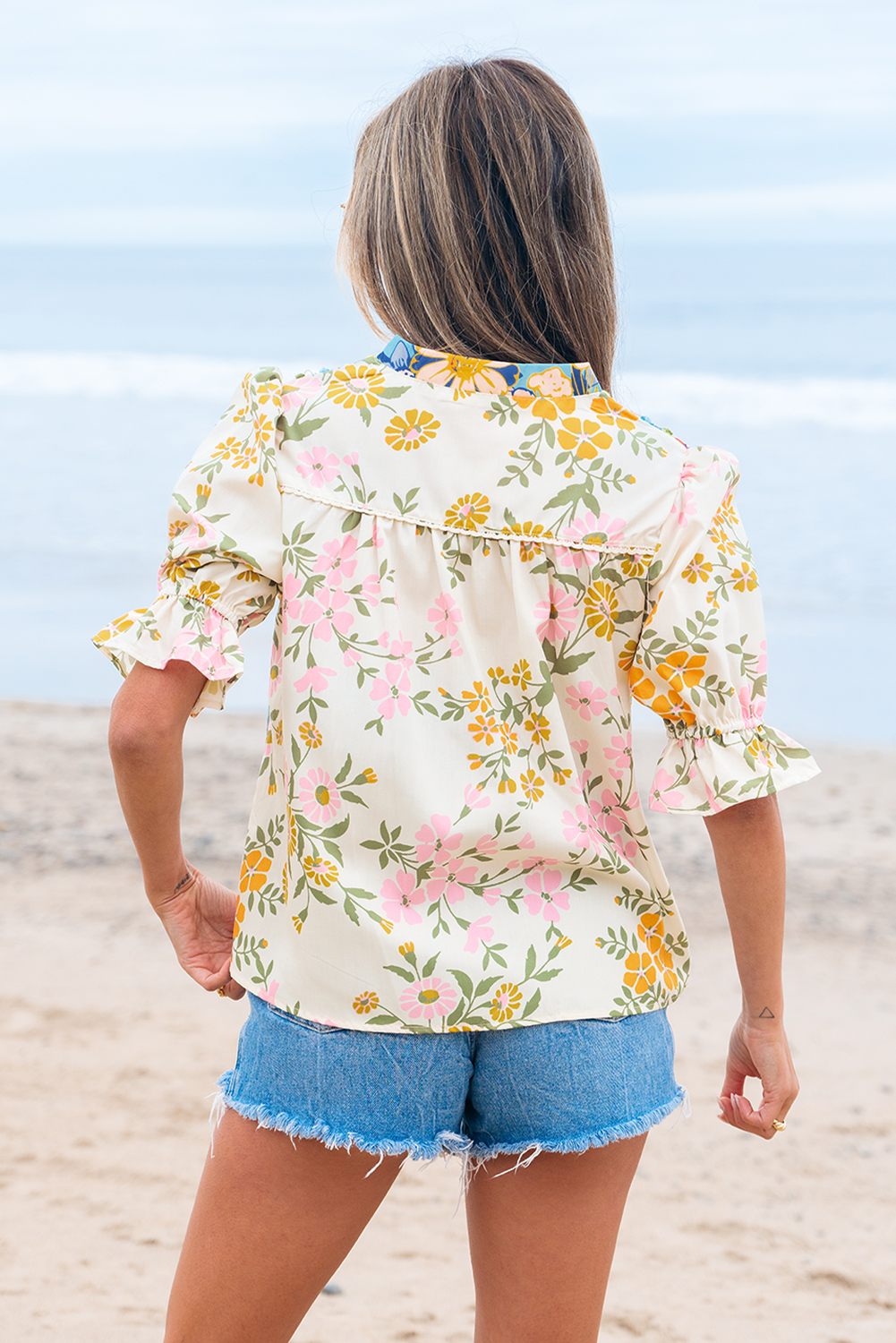 Multicolour Crochet V Neck Half Sleeve Boho Floral Blouse - Image 3