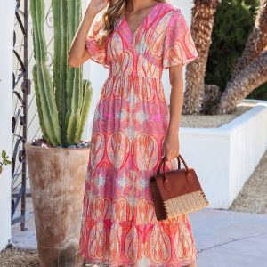 Multicolour Paisley Print V-Neck Short Sleeve Boho Maxi Dress with Ruffle Details