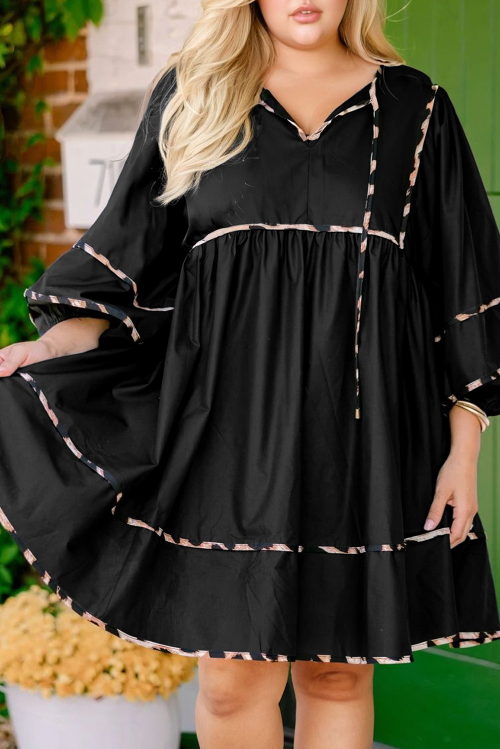 Black Plus Size Long Sleeve Leopard Contrasted Trim Tie Neck Flared Mini Dress - Image 8