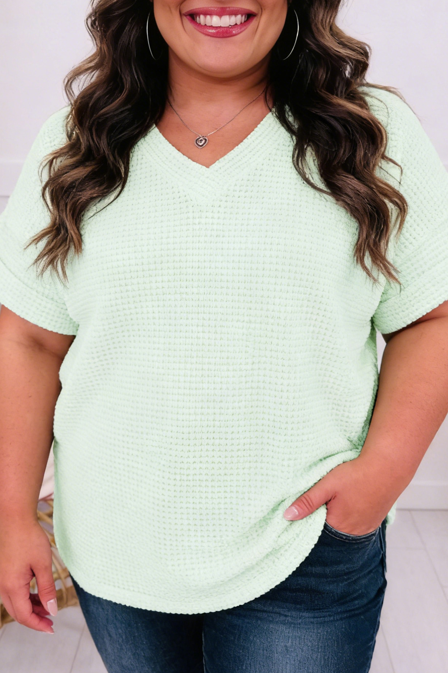 Wisteria V Neck Short Sleeve Plus Size Waffle Knit Top - Image 4