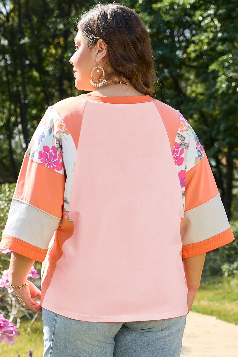 Orange Plus Size Floral Print Patchwork Raglan Half Sleeve Top - Image 2