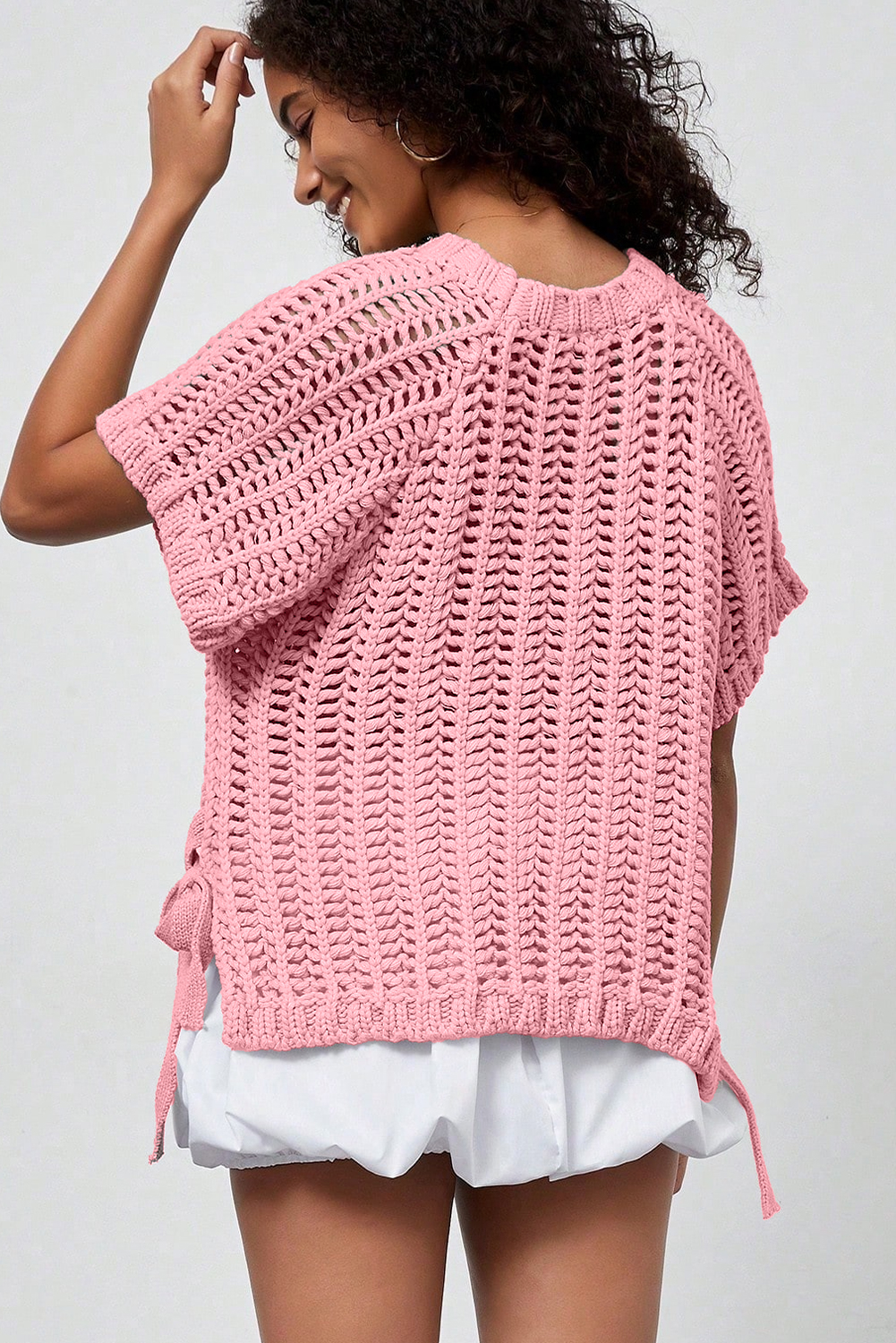 Ashleigh Blue Plus Size Open Knit Bow Tie Short Sleeve Sweater - Image 8